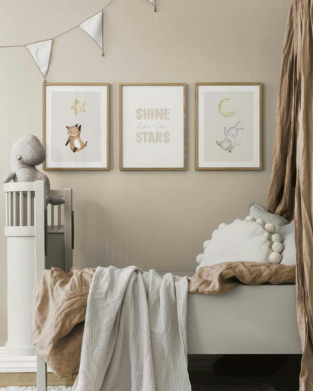 Three flying foxes with large ears and wings, in a beige animal illustration poster