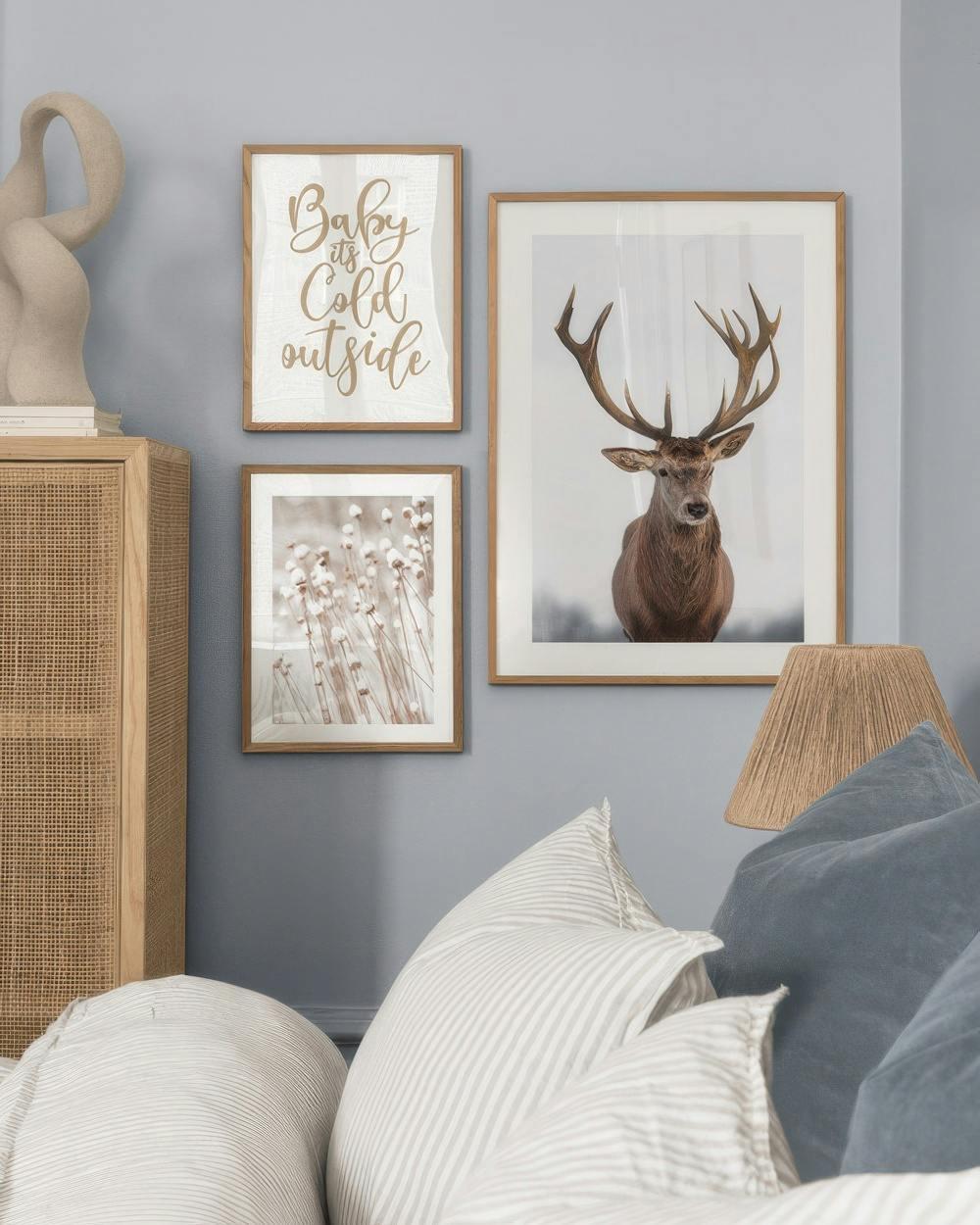 Winter landscape poster pack: reindeer, frosted reeds, and text Baby its cold outside.