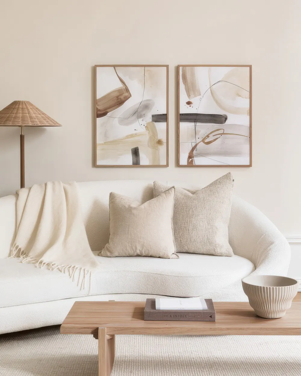 A poster pack featuring two abstract prints with earthy tones and flowing lines displayed above a white sofa.