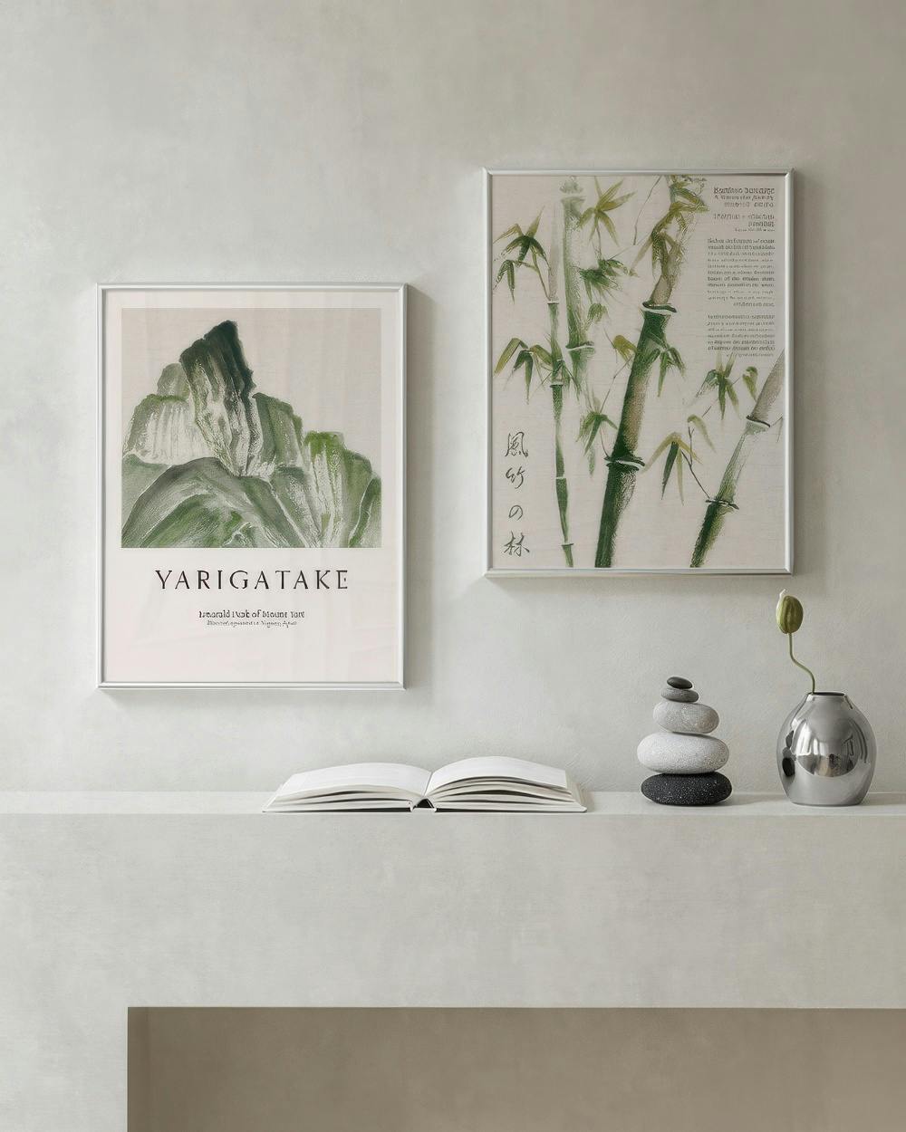 A poster pack featuring a green mountain on the left and green bamboo stalks on the right, displayed above a book, stacked stone