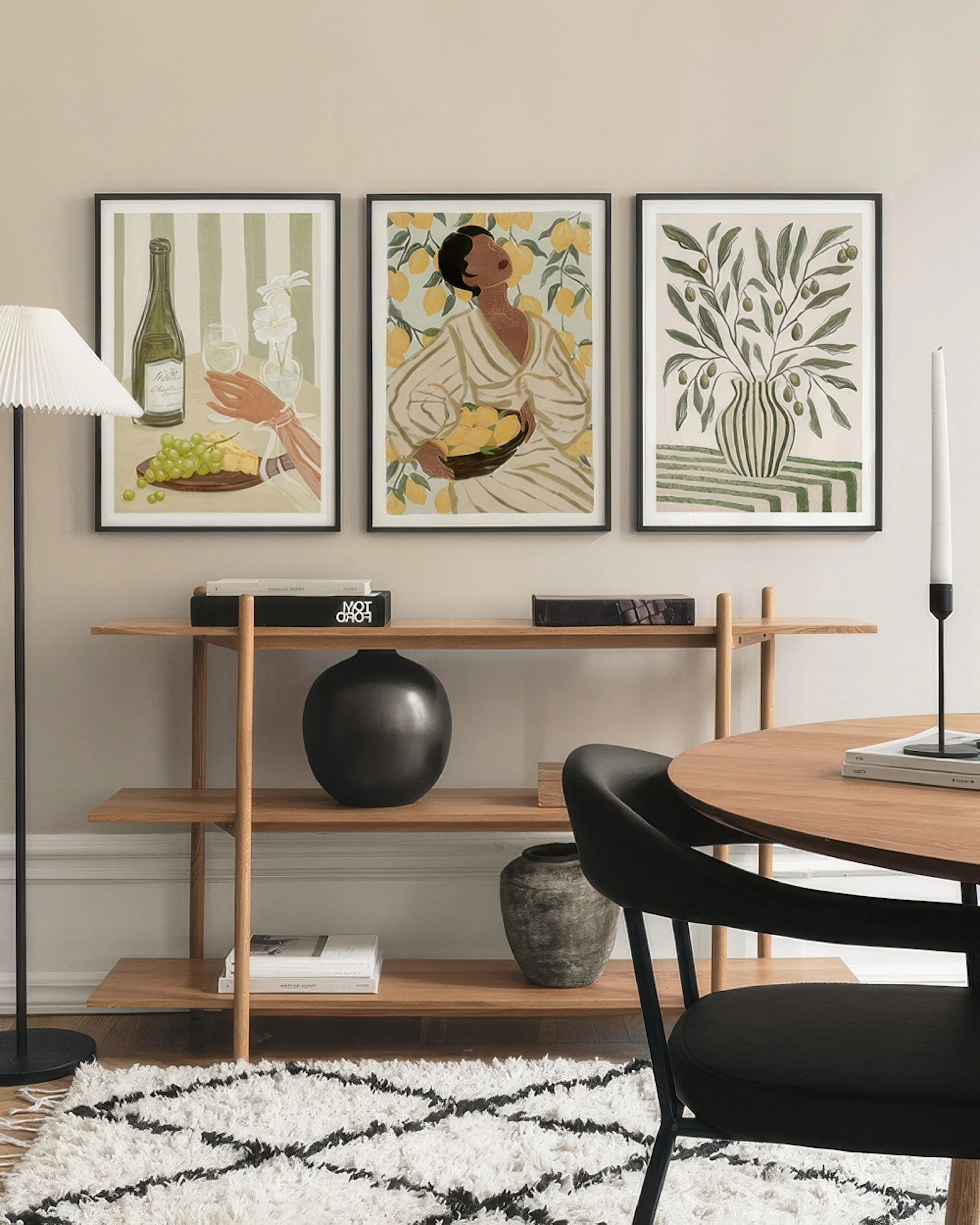 Kitchen-themed poster pack with green wine bottle print, woman with lemons print, and olive branches in vase print.