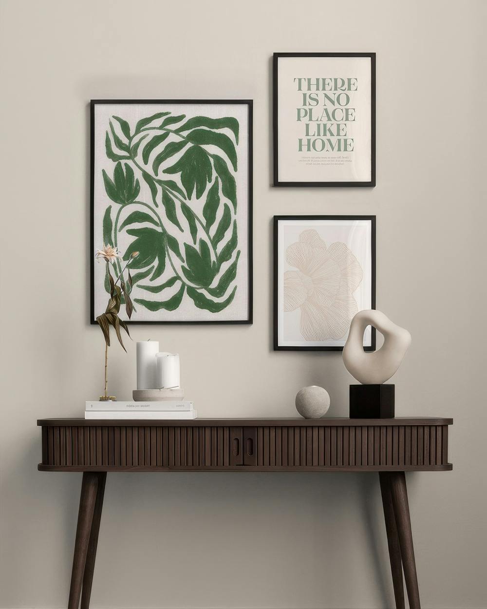 Botanical illustration poster pack with leaf patterns, a quote, and abstract floral shapes in neutral tones.