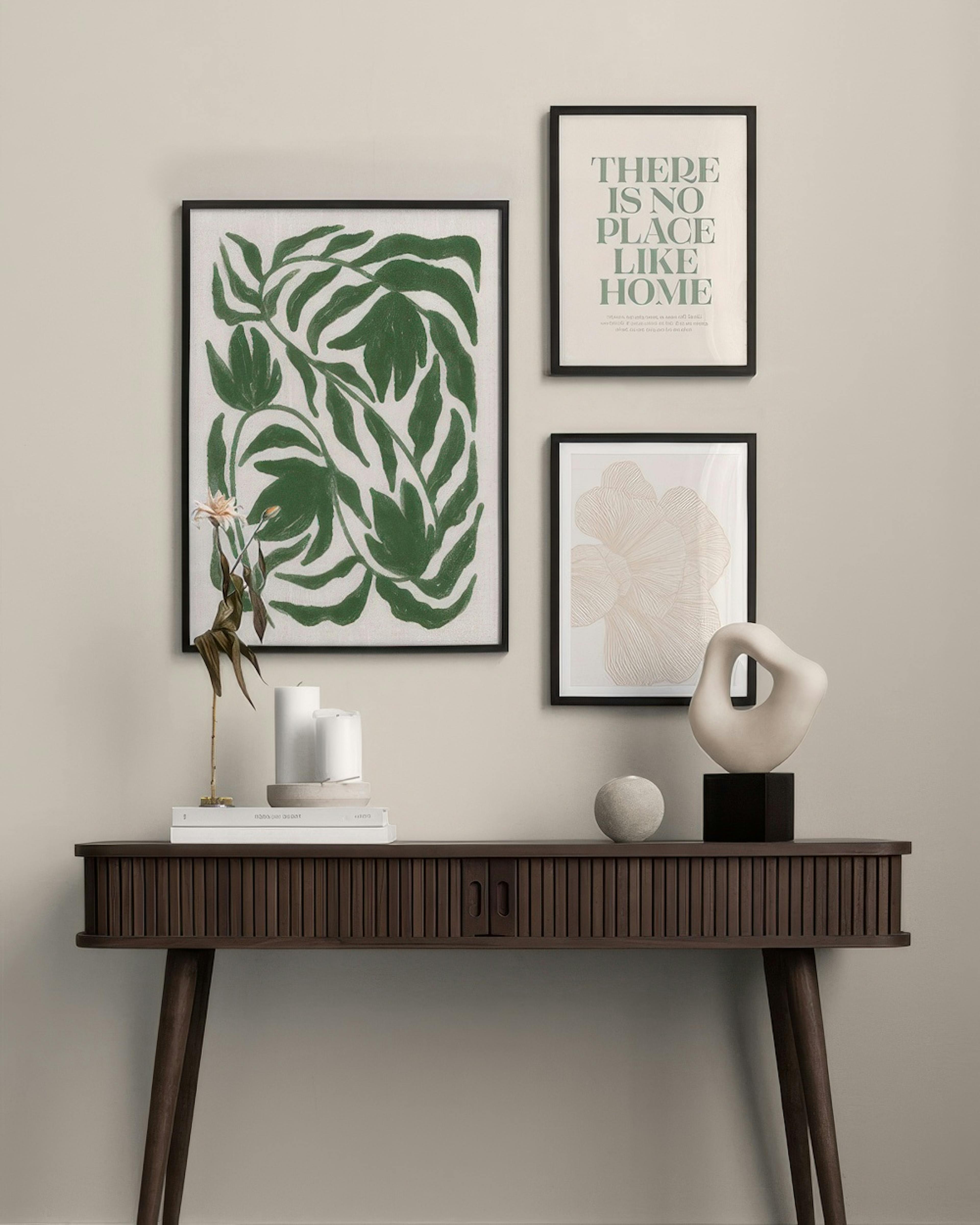 Botanical poster pack with green leaf patterns, No Place Like Home quote, and abstract floral shapes in neutral tones.