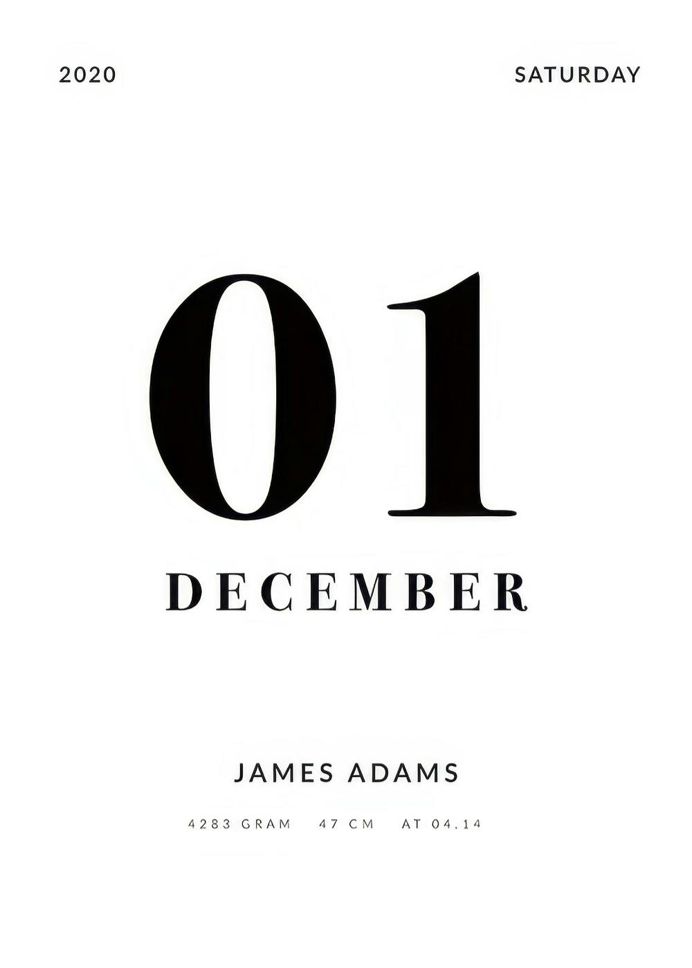 Affiche noir et blanc avec typographie personnalisée affichant la date du 1er décembre et le nom James Adams