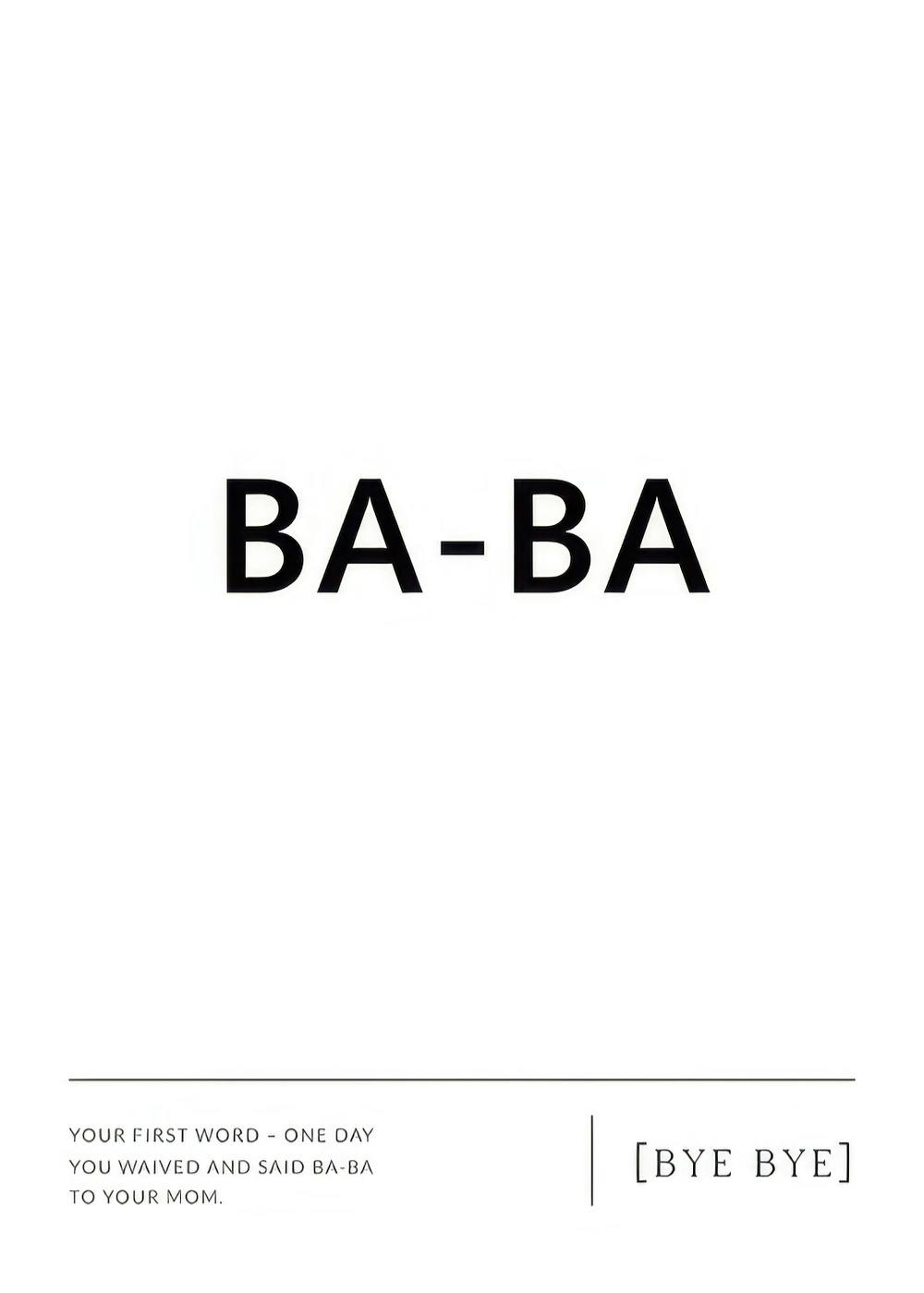 Póster personalizable minimalista blanco y negro con texto BA-BA y frase YOUR FIRST WORD.