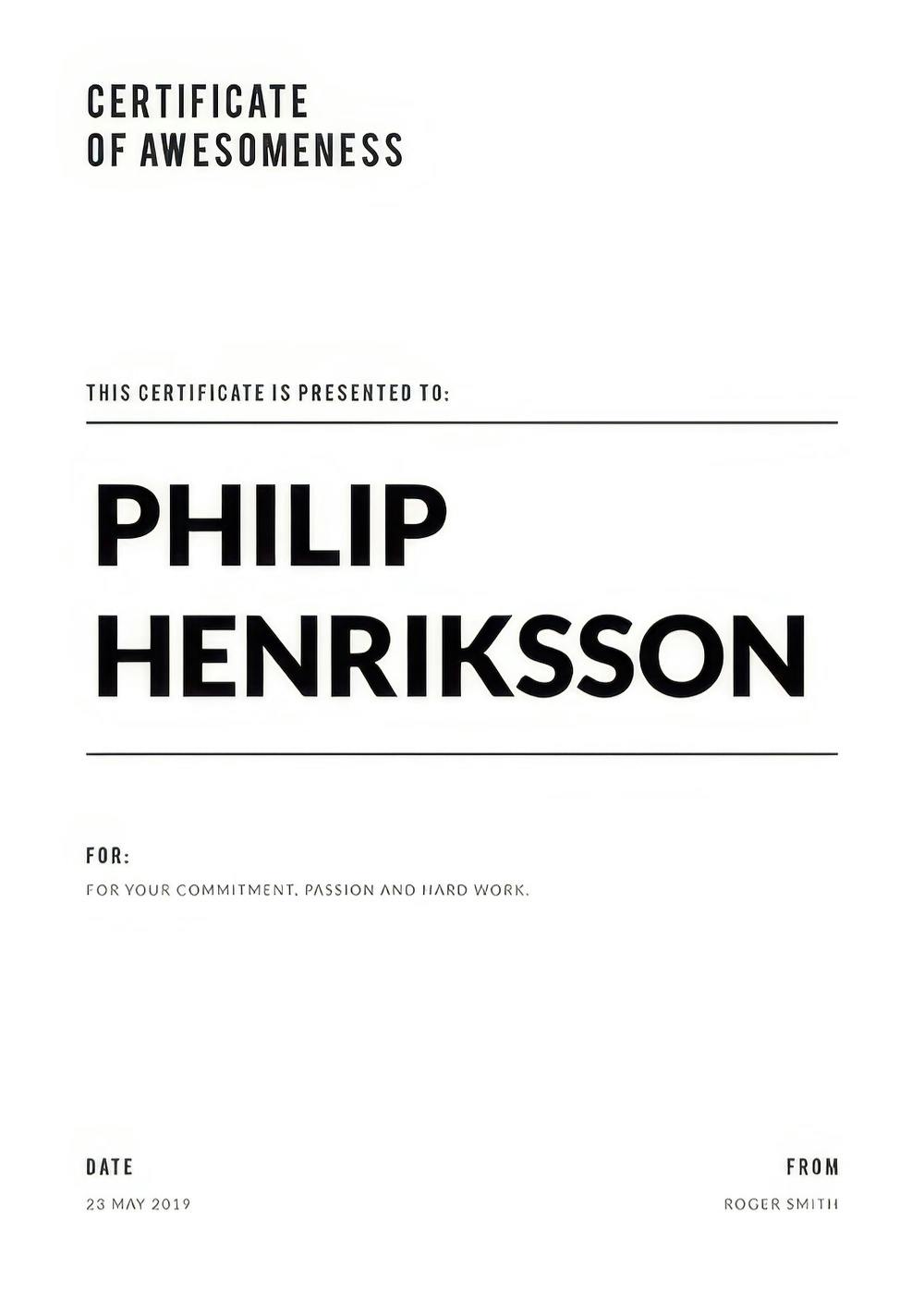 Personalized certificate print with bold black text on white background, celebrating Awesomeness
