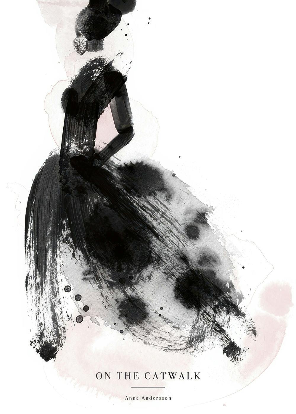 Watercolour print of woman in black dress with pink paint splatters, personalized poster for fashion