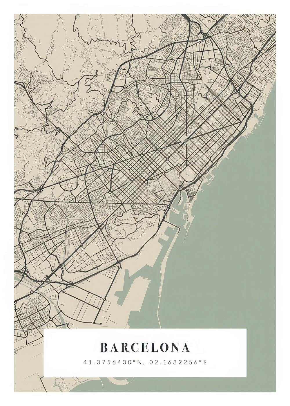Póster de mapa vintage de Barcelona en tonos beige y verde claro, con contornos de calles y coordenadas.