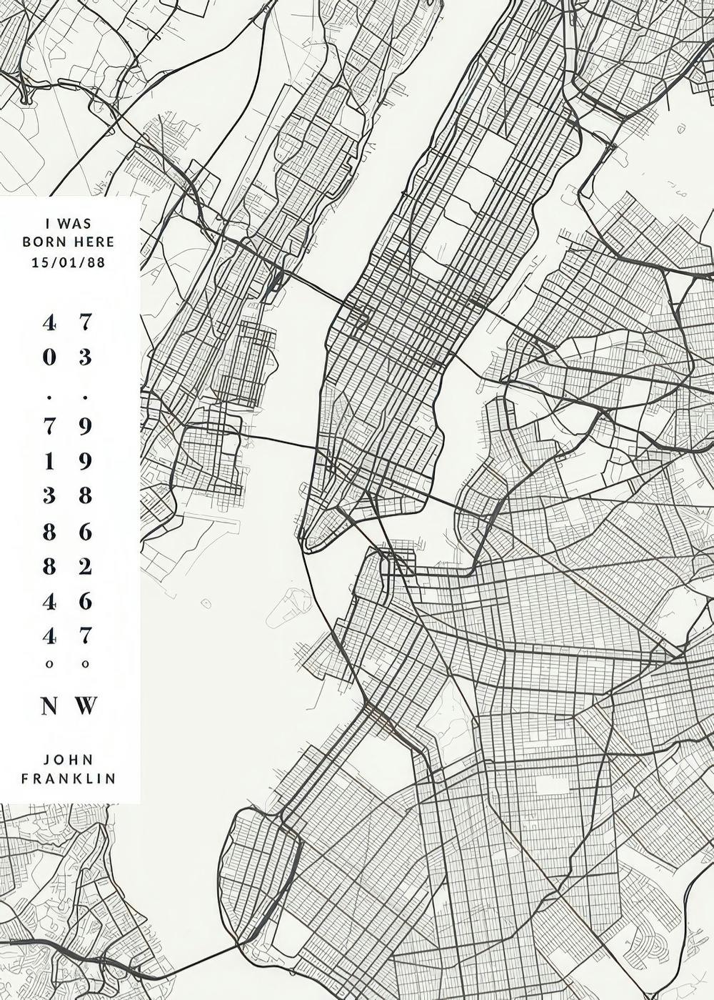 Póster personalizado de mapa de ciudad en blanco y negro, con coordenadas y texto personalizado en un recuadro lateral.