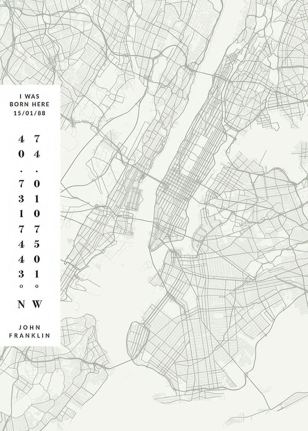 Póster personalizado de mapa urbano en verde claro y gris, con un cuadro de texto que incluye una fecha de nacimiento y un nombr