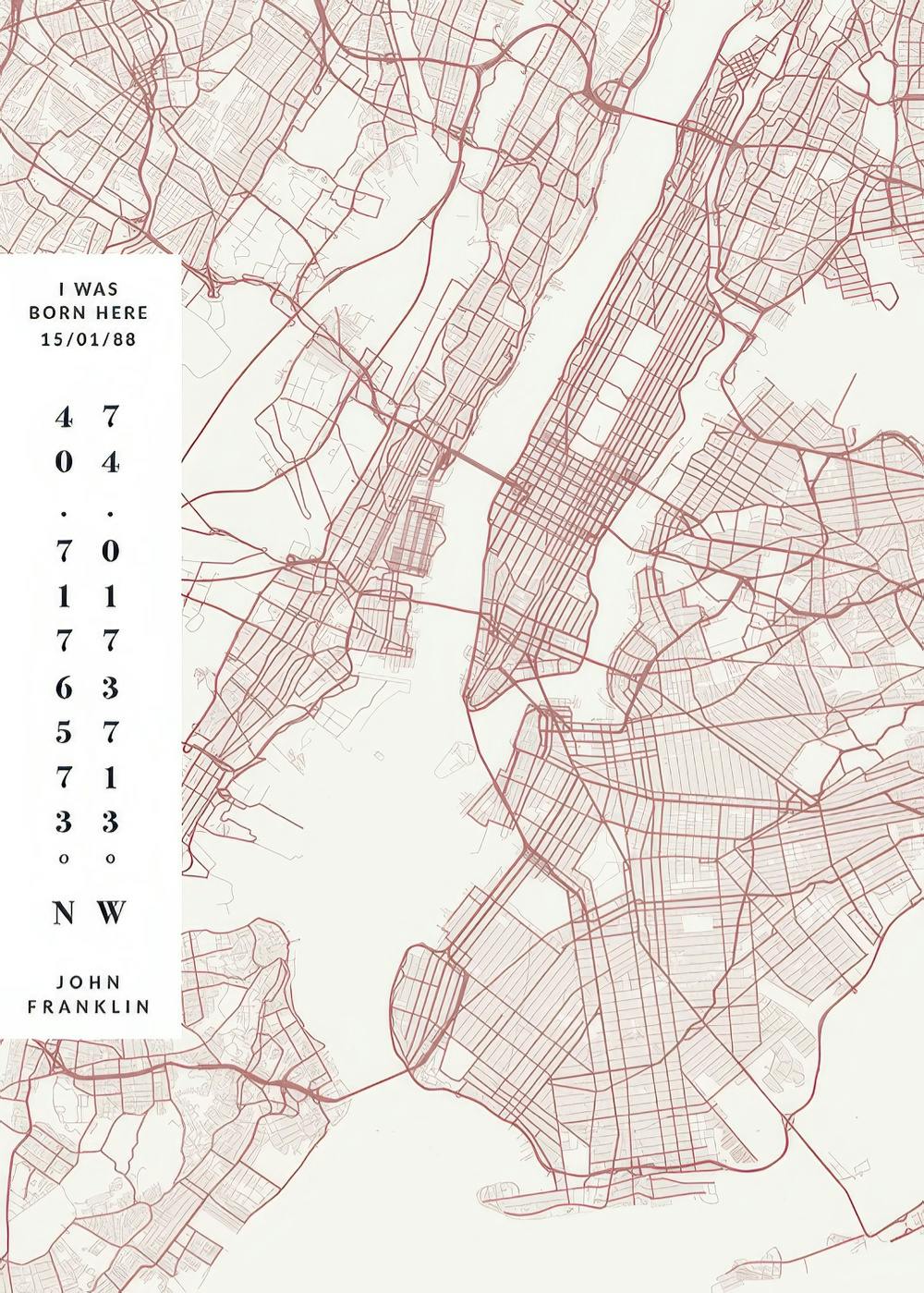 Mappa di città rosa chiaro con testo personalizzato I Was Born Here e coordinate.