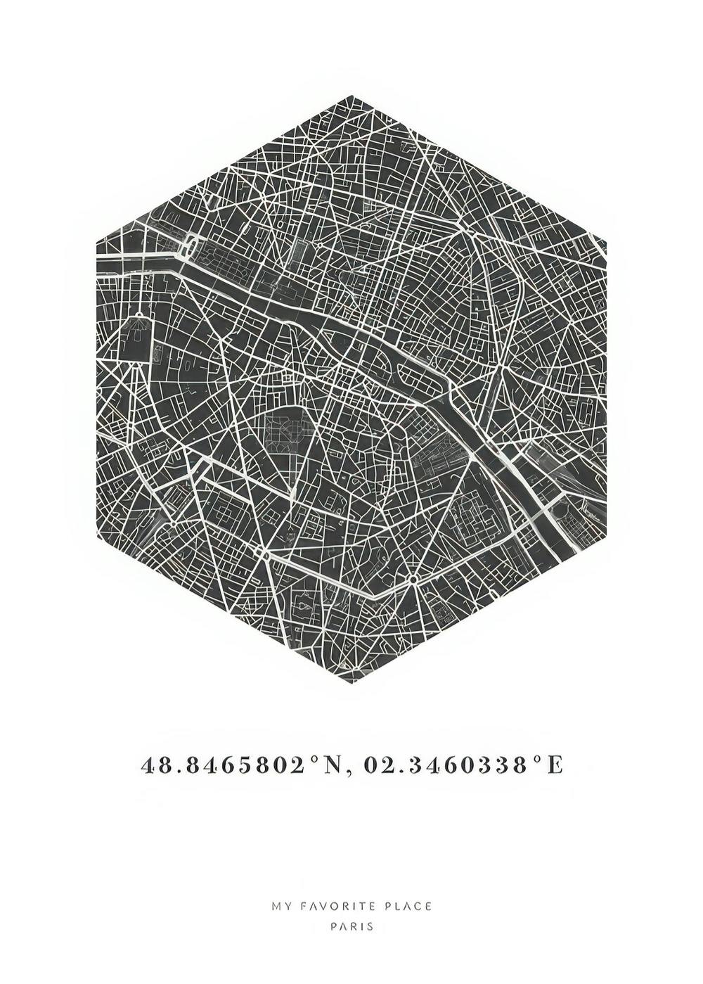 Póster de mapa hexagonal en blanco y negro de una ciudad con coordenadas, diseño de paisaje urbano.