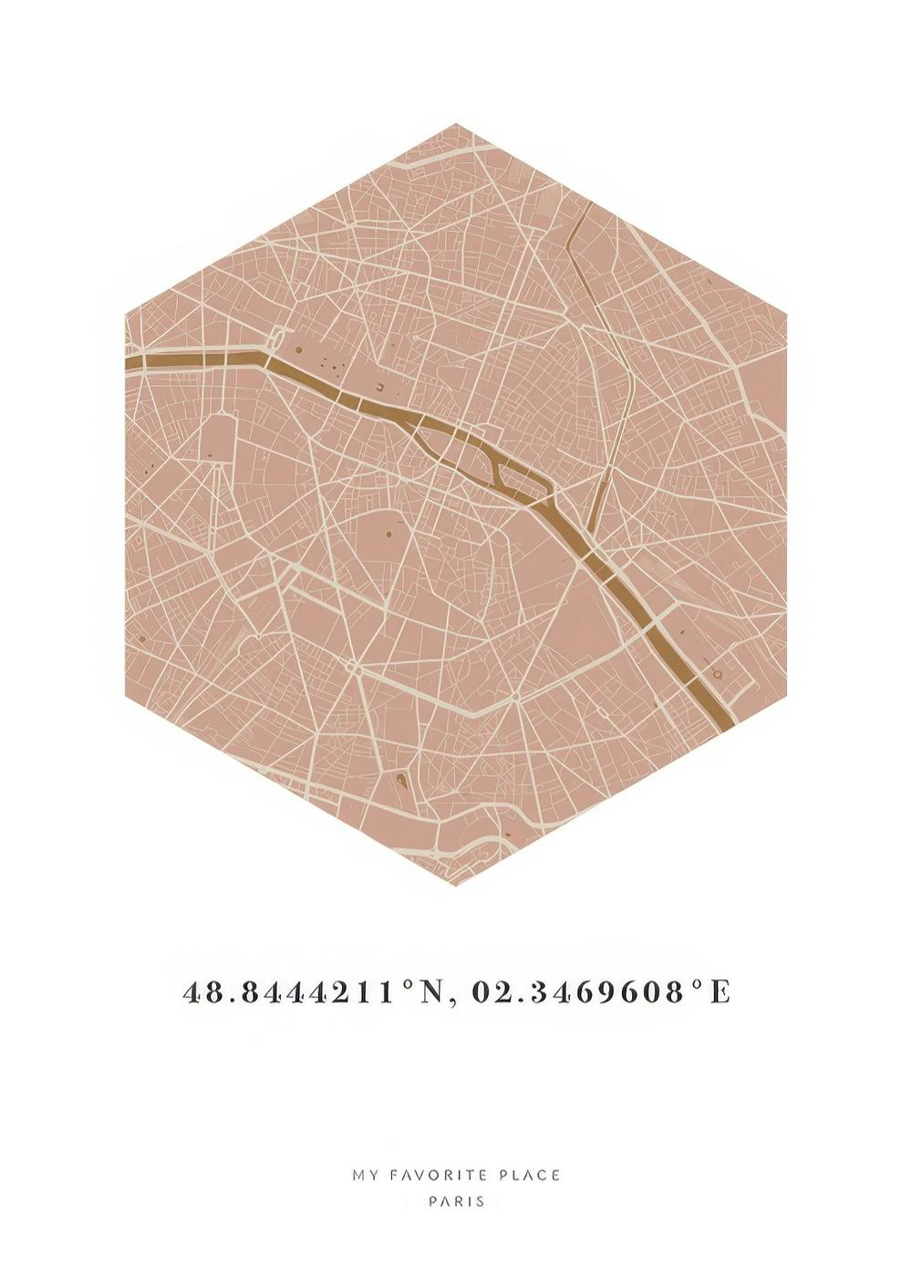 Póster hexagonal con mapa urbano en rosa y beige, coordenadas en la parte inferior. Arte mural personalizado.