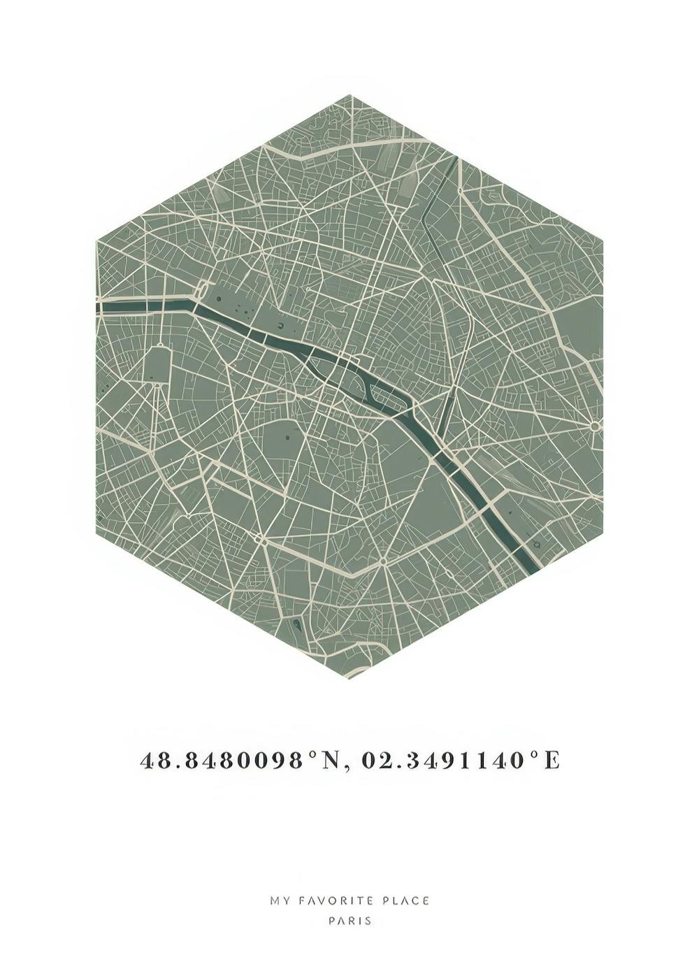 Póster de mapa hexagonal de ciudad en tonos verde musgo y beige, con coordenadas y diseño personalizable.