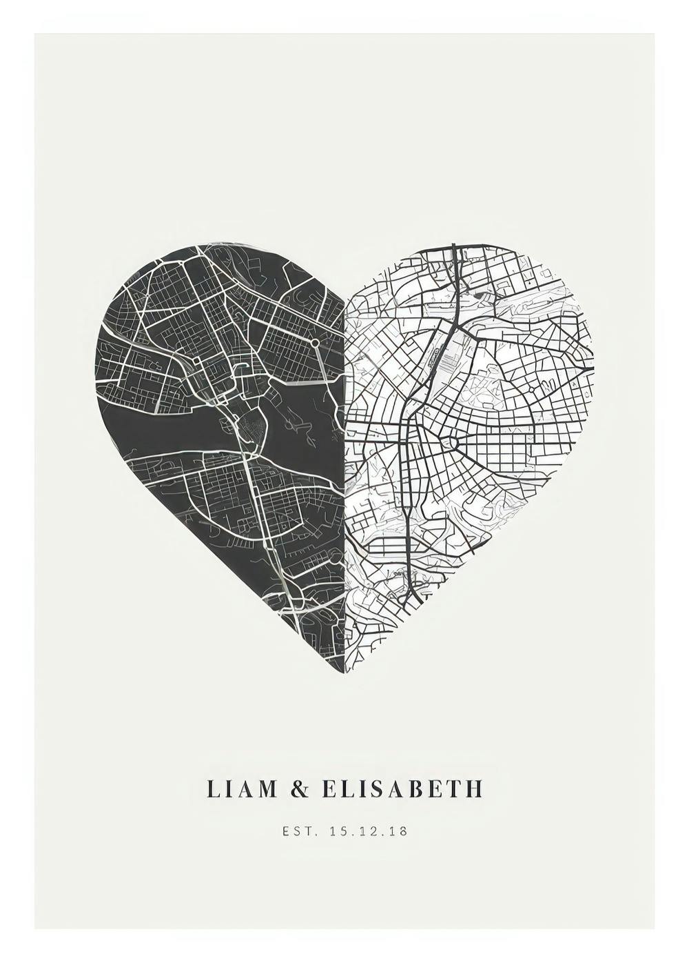 Poster personalizzato con mappa di città in bianco e nero a forma di cuore, testo personalizzato.