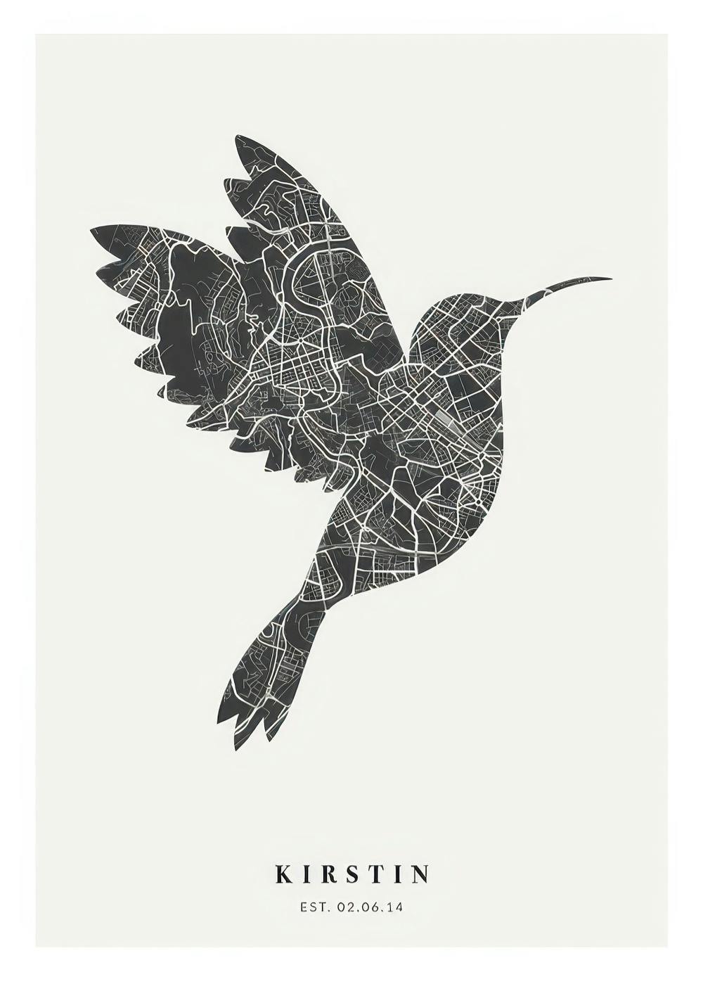 Affiche noir et blanc, carte de ville en forme doiseau, texte personnalisé en bas