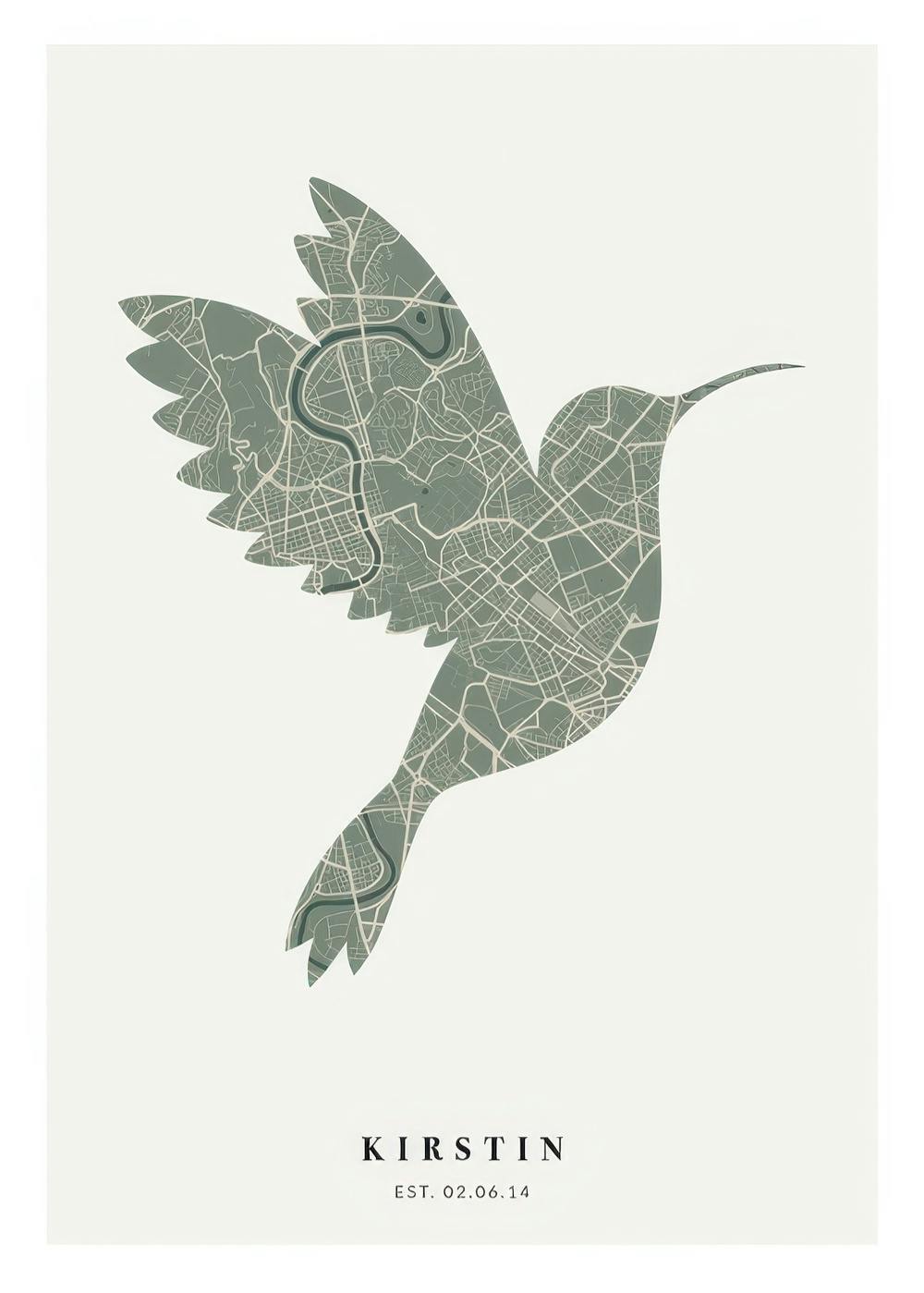 Grüner, beigefarbener Stadtplan in Vogelform auf hellgrauem Hintergrund mit personalisiertem Text, Vogelliebhaber-Poster.