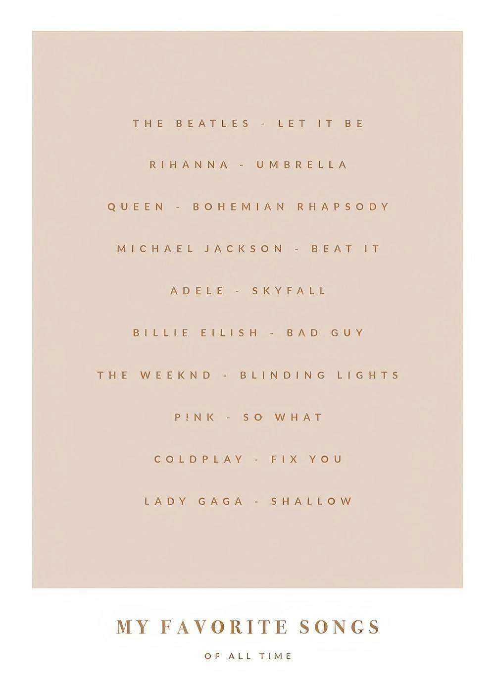 Affiche rose avec une liste de chansons préférées et du texte personnalisé