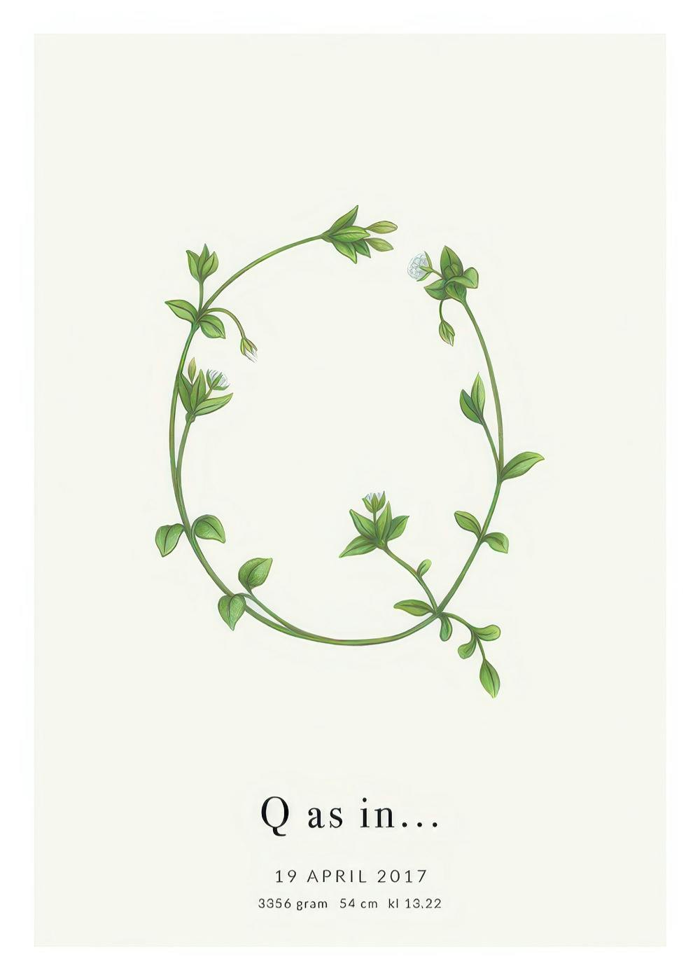 Botanisches Q-Poster mit grünen Blättern, floralem Design und personalisiertem Text auf hellem Hintergrund.