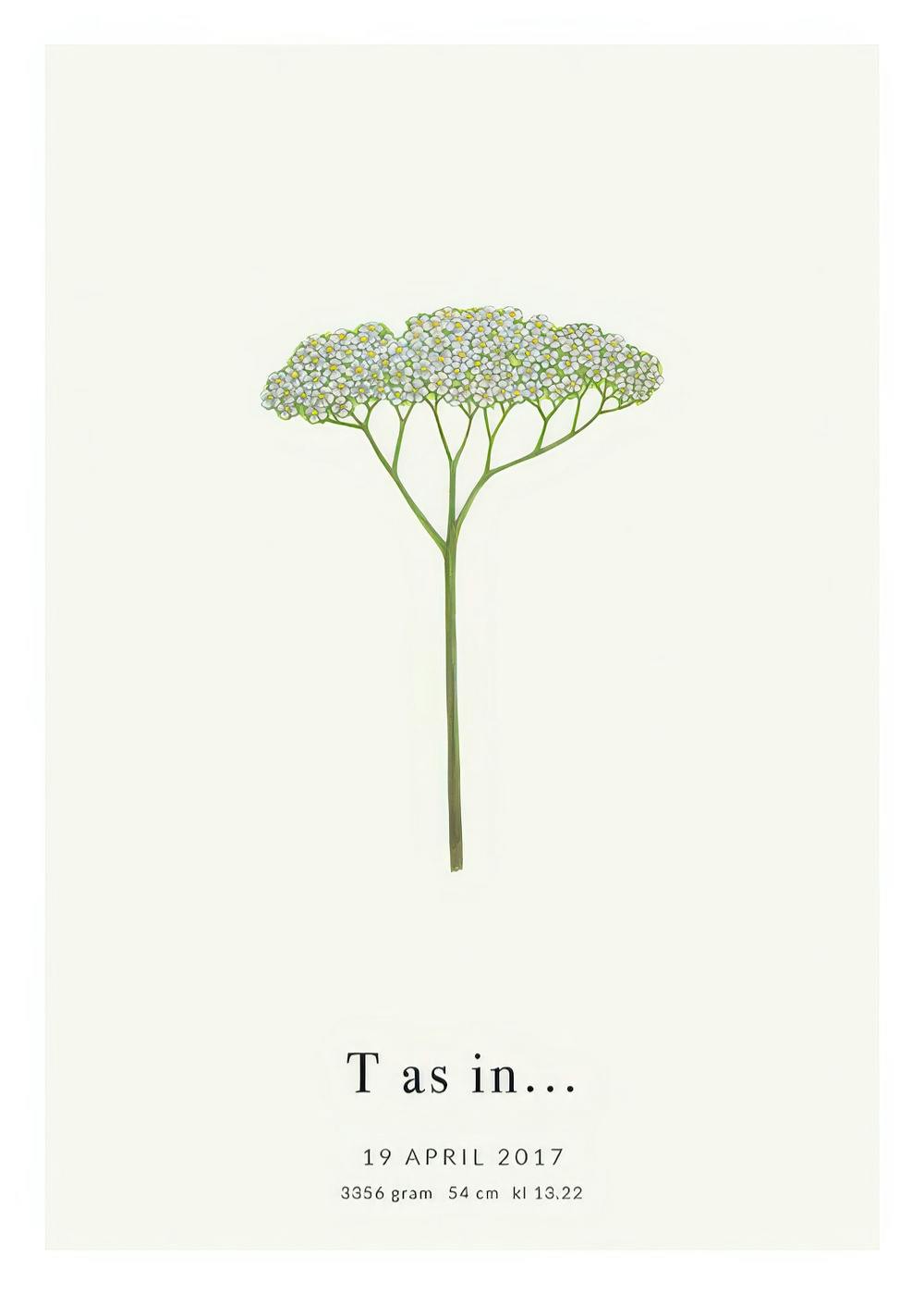 Personalisiertes Poster: botanischer Buchstabe T aus einer Blume mit Text auf beigem Hintergrund.
