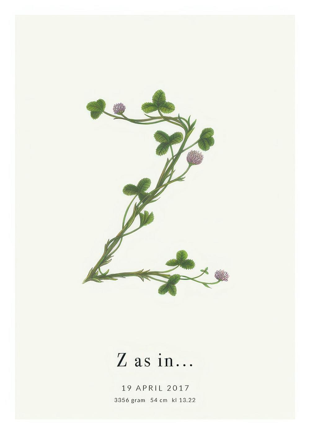 Plakat med bogstavet Z formet af grønne planter med kløverblade og lilla blomster på en lys beige baggrund, med personlig tekst.