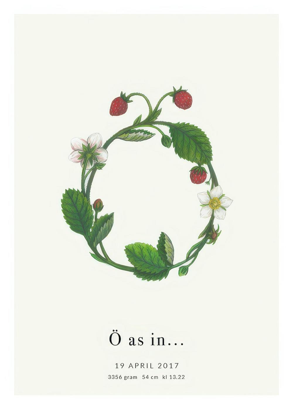 Personalisiertes Poster: Buchstabe Ö aus botanischen Erdbeerblättern und Beeren mit Text.