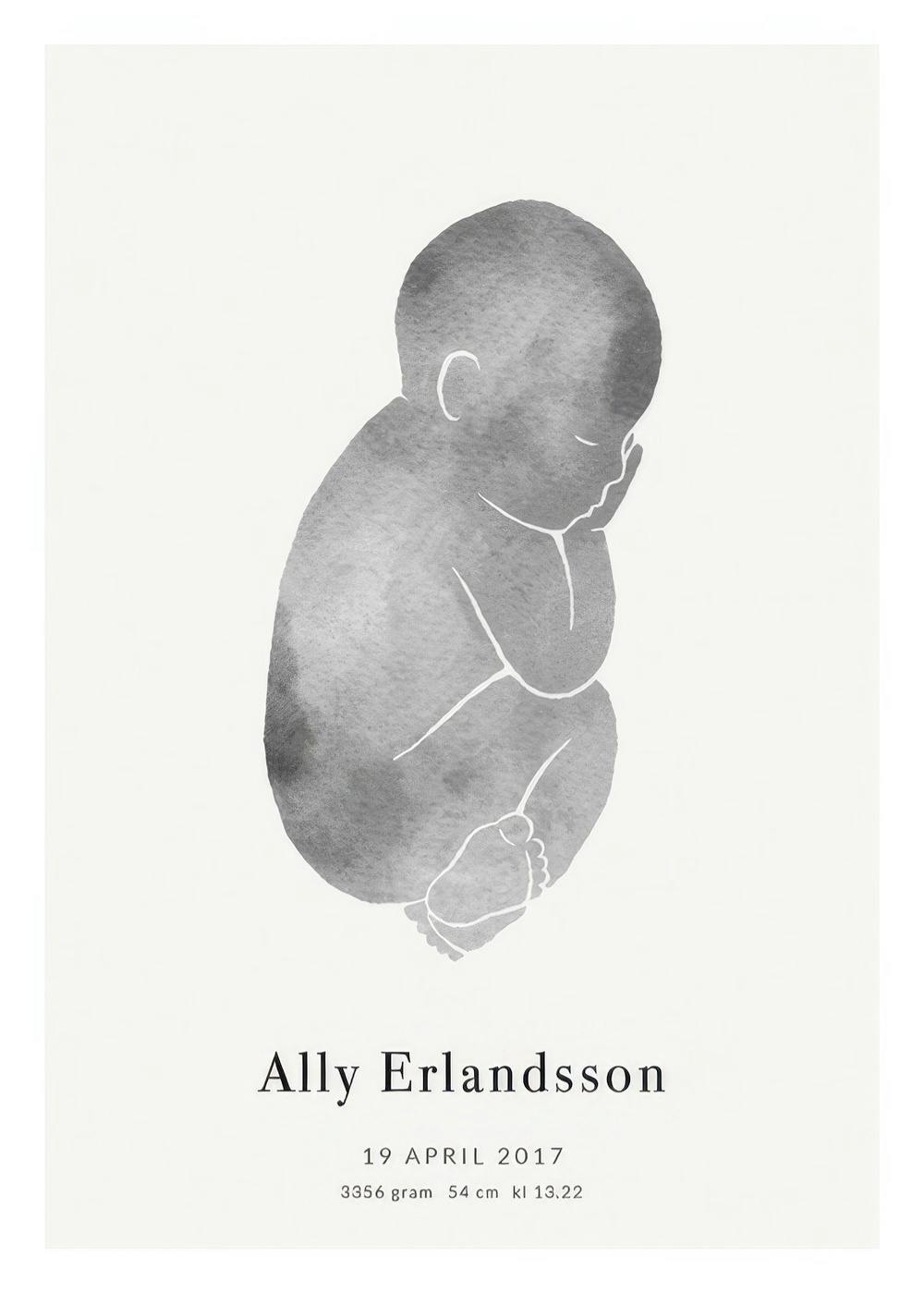 Grå personlig babyplakat med akvarelillustration af en nyfødt baby, inklusiv tilpasset tekst med navn og dato.