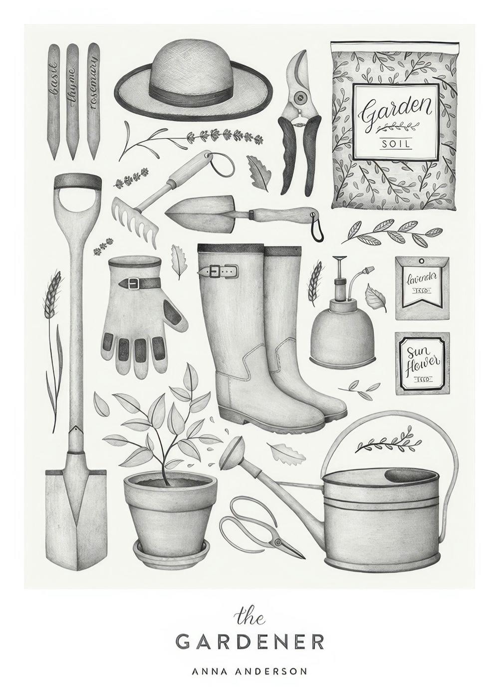 Grey-scale gardening tools illustration print with shovel, boots, hat, and watering can. Personal poster.