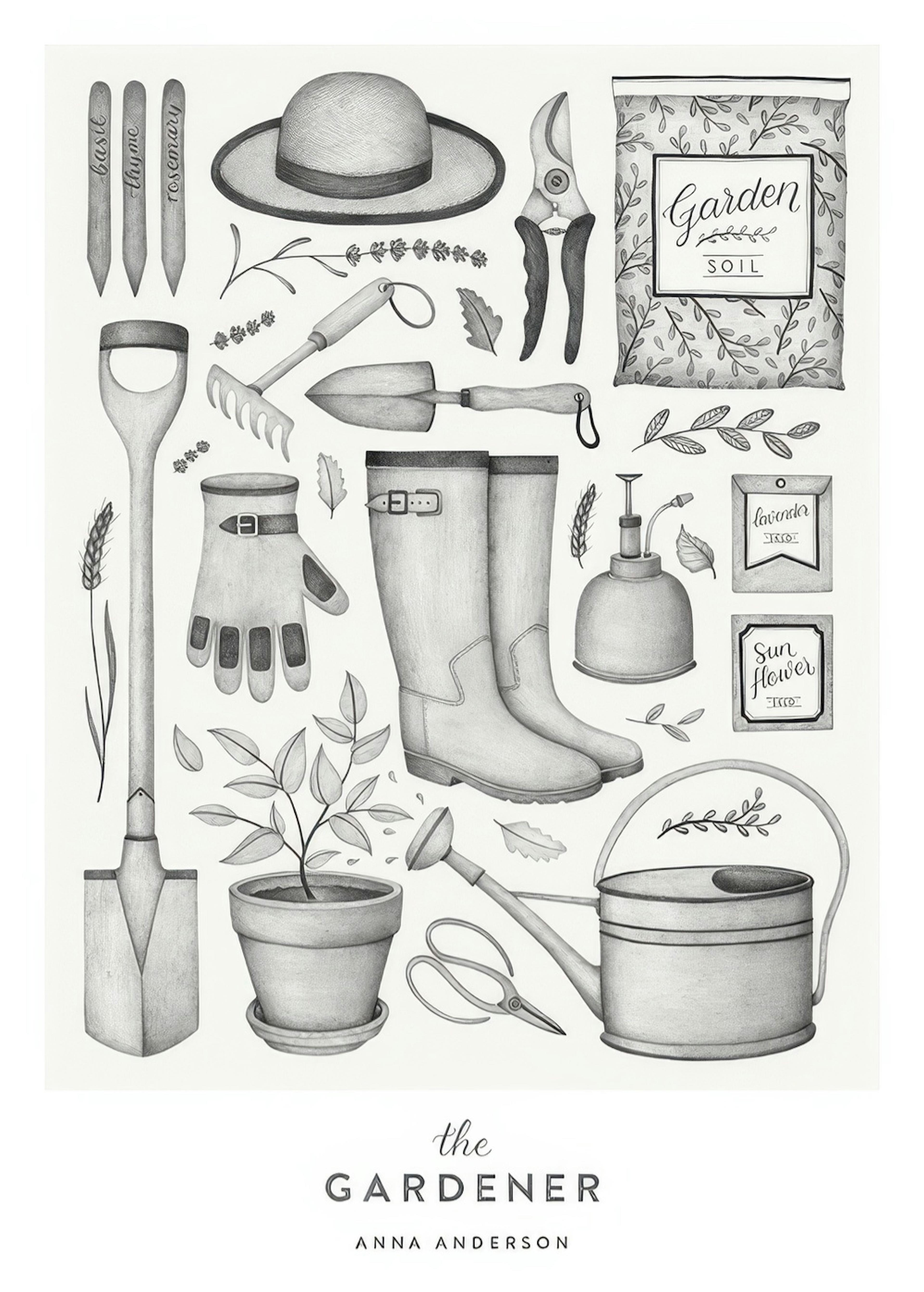 Grey-scale gardening tools illustration print with shovel, boots, hat, and watering can. Personal poster.