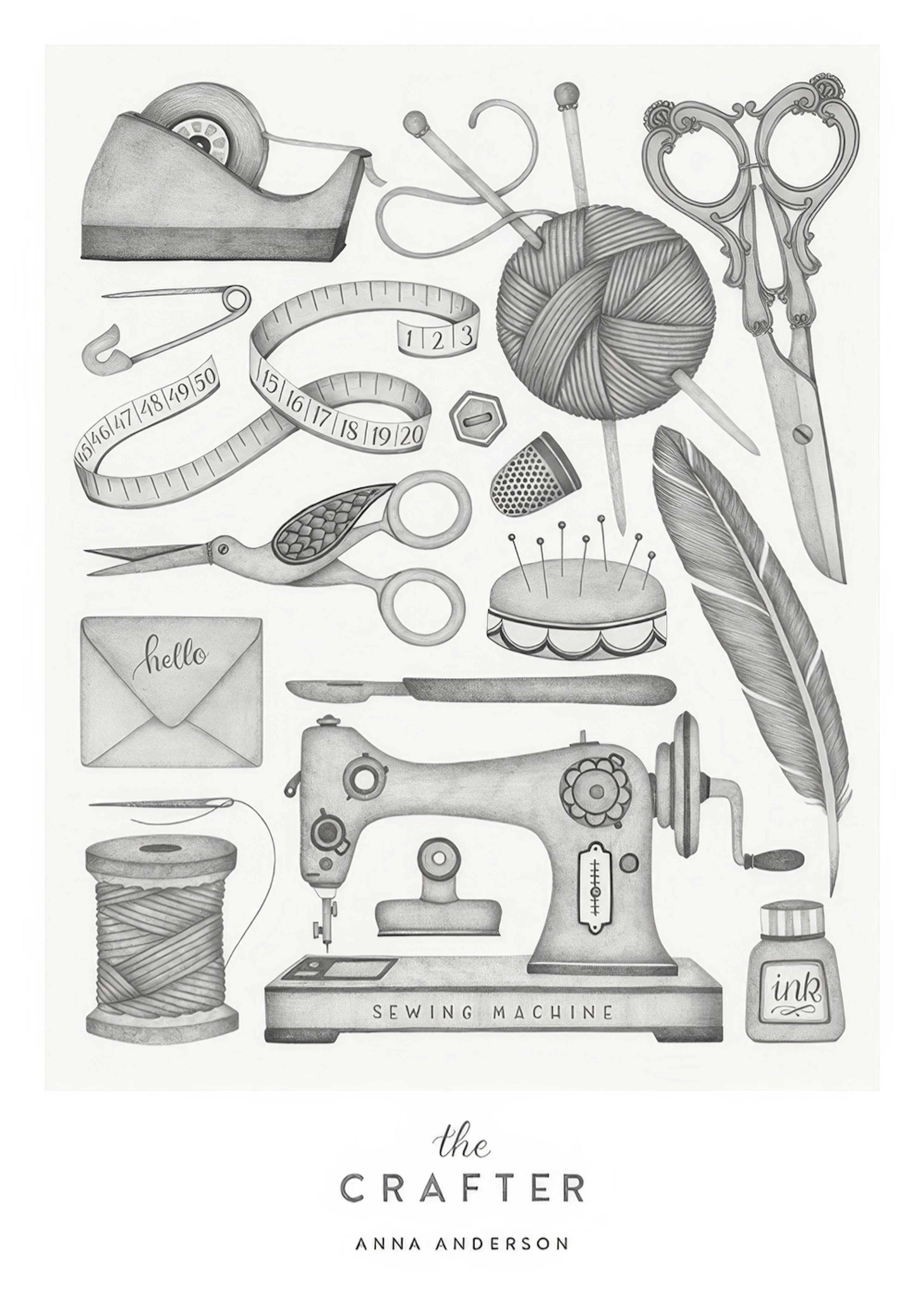 Monochrome sketch of sewing and craft supplies, including scissors, yarn, and a sewing machine, with text below.