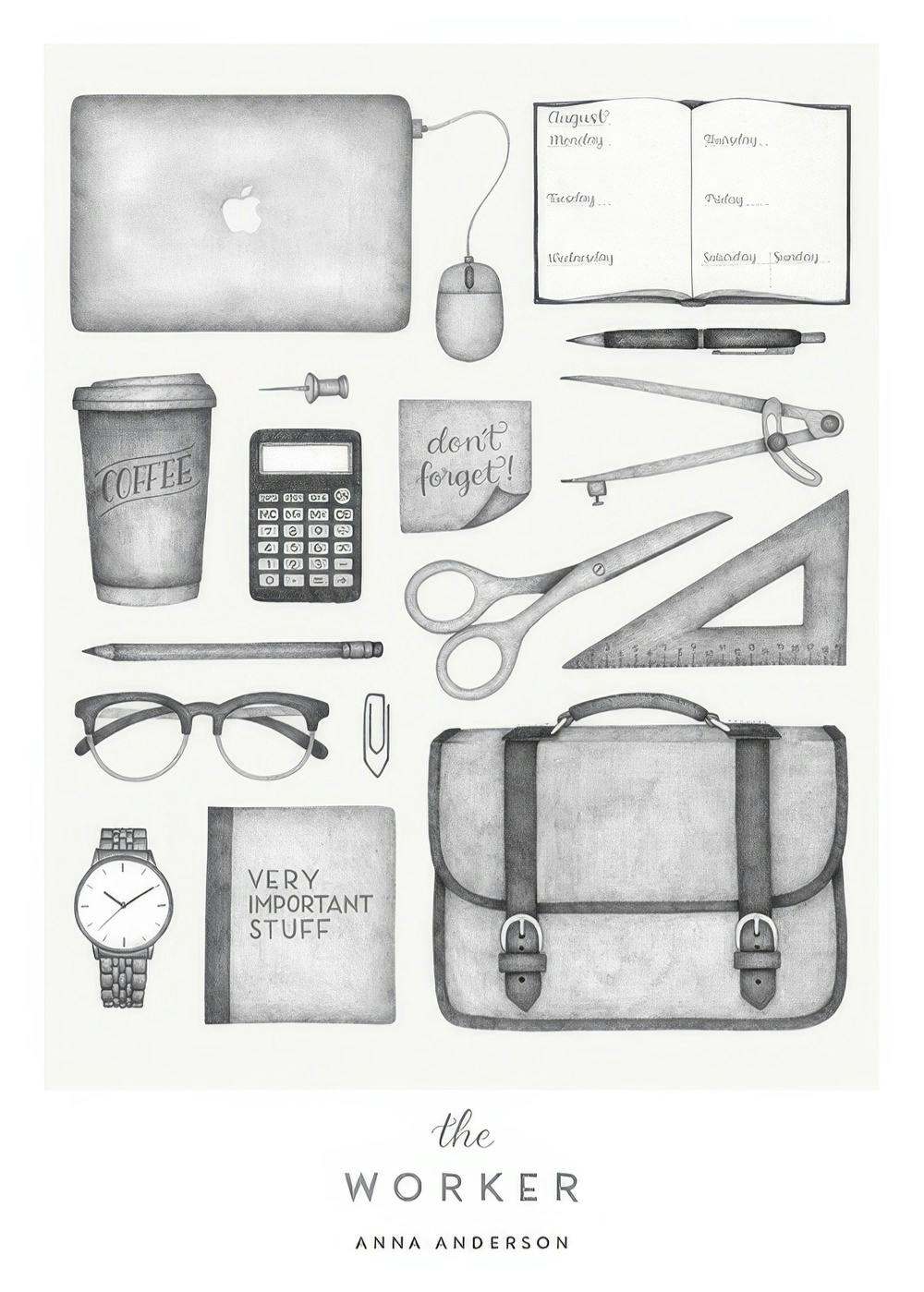 Illustratie in grijs van werk- en schoolspullen, waaronder een laptop, agenda, schooltas en koffiekopje, met tekst.