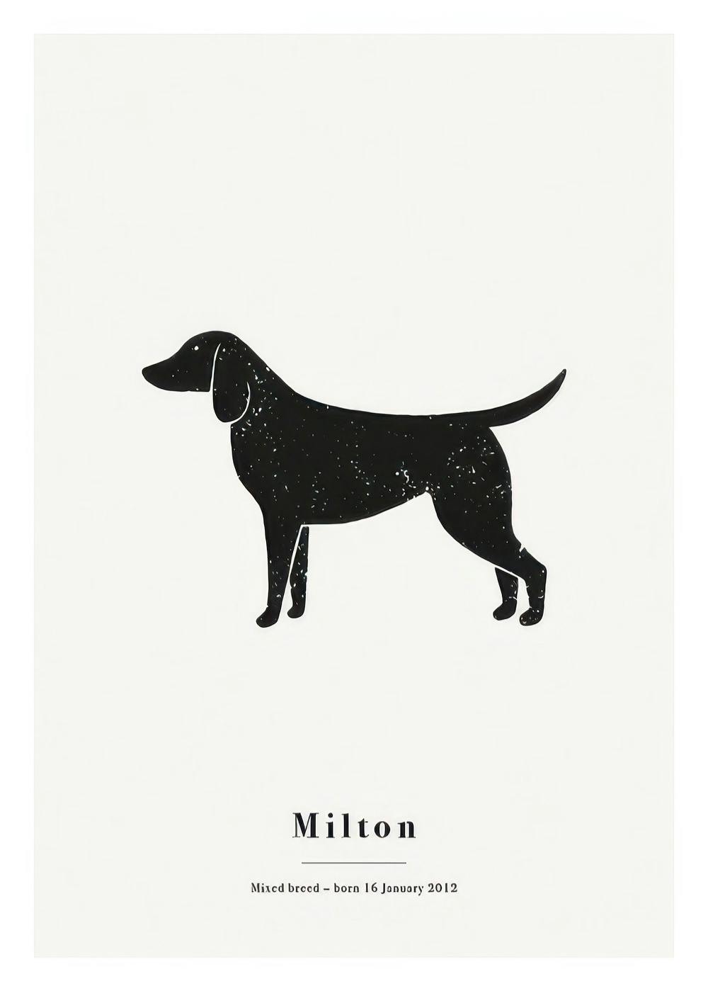 Schwarze Illustration eines Hundes mit weissen Flecken auf hellgrauem Hintergrund und personalisiertem Text.