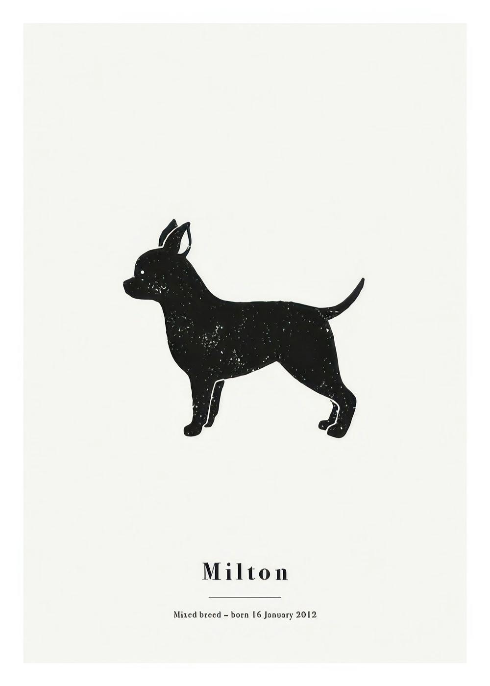 Minimalistischer Chihuahua in Schwarz mit weissen Flecken auf hellem Hintergrund, personalisiert mit Text