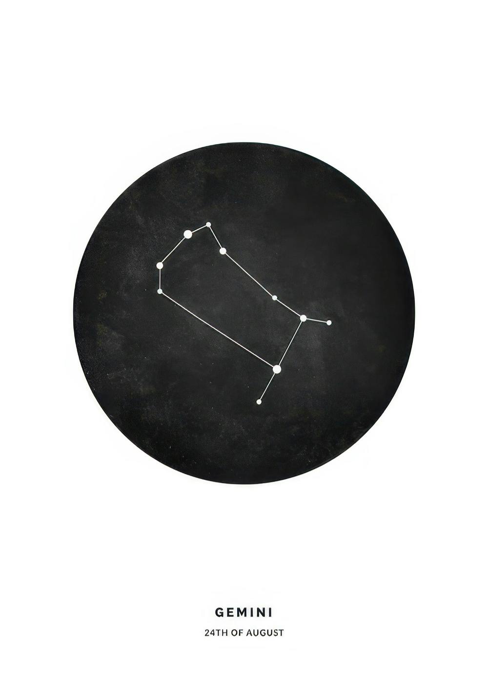 Affiche noir et blanc avec le signe astrologique des Gémeaux, constellation et typographie minimaliste