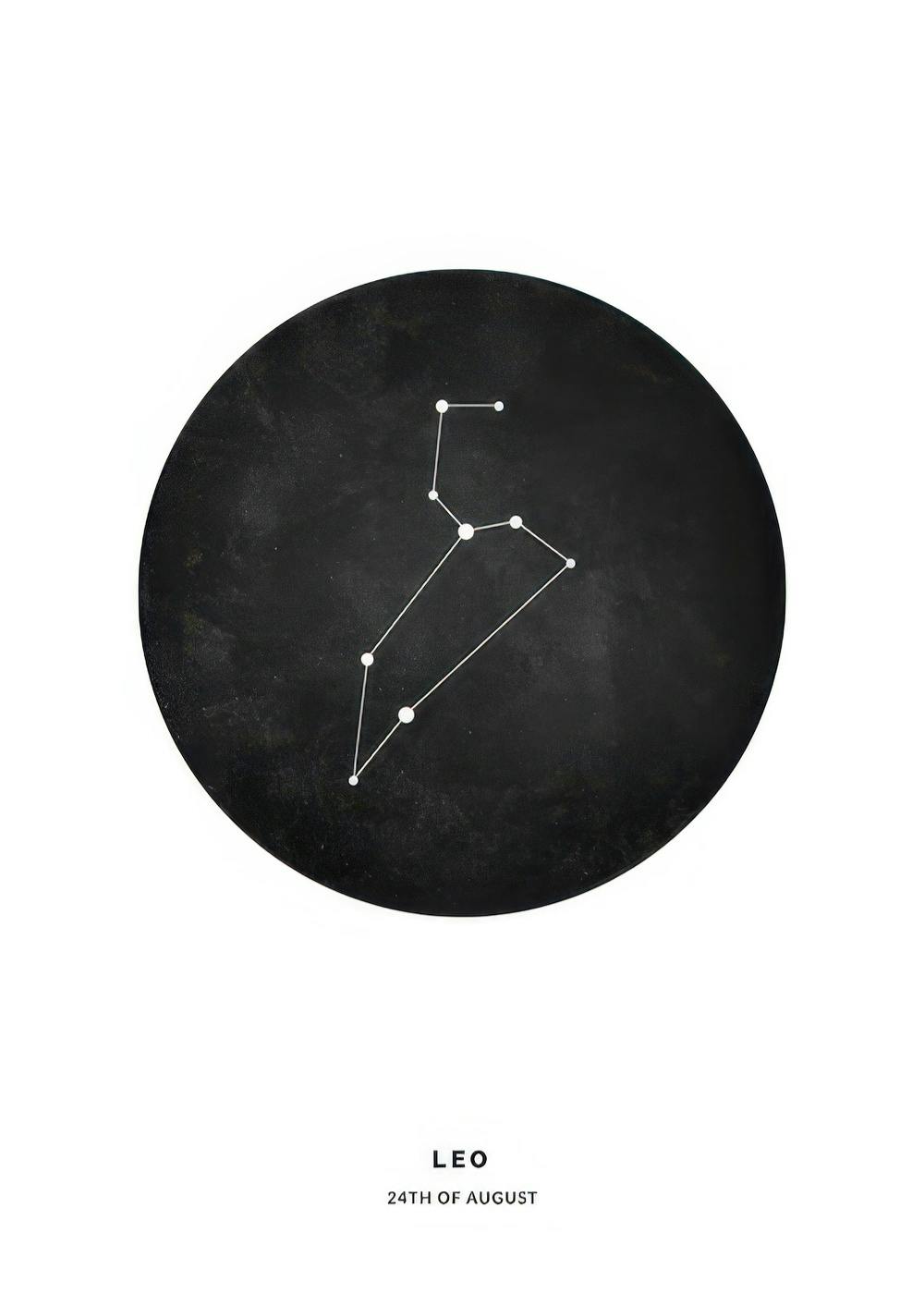 Sort Leo stjernetegn i cirkel, hvid stjernebillede og tekst. Minimalistisk, astrologi plakat.