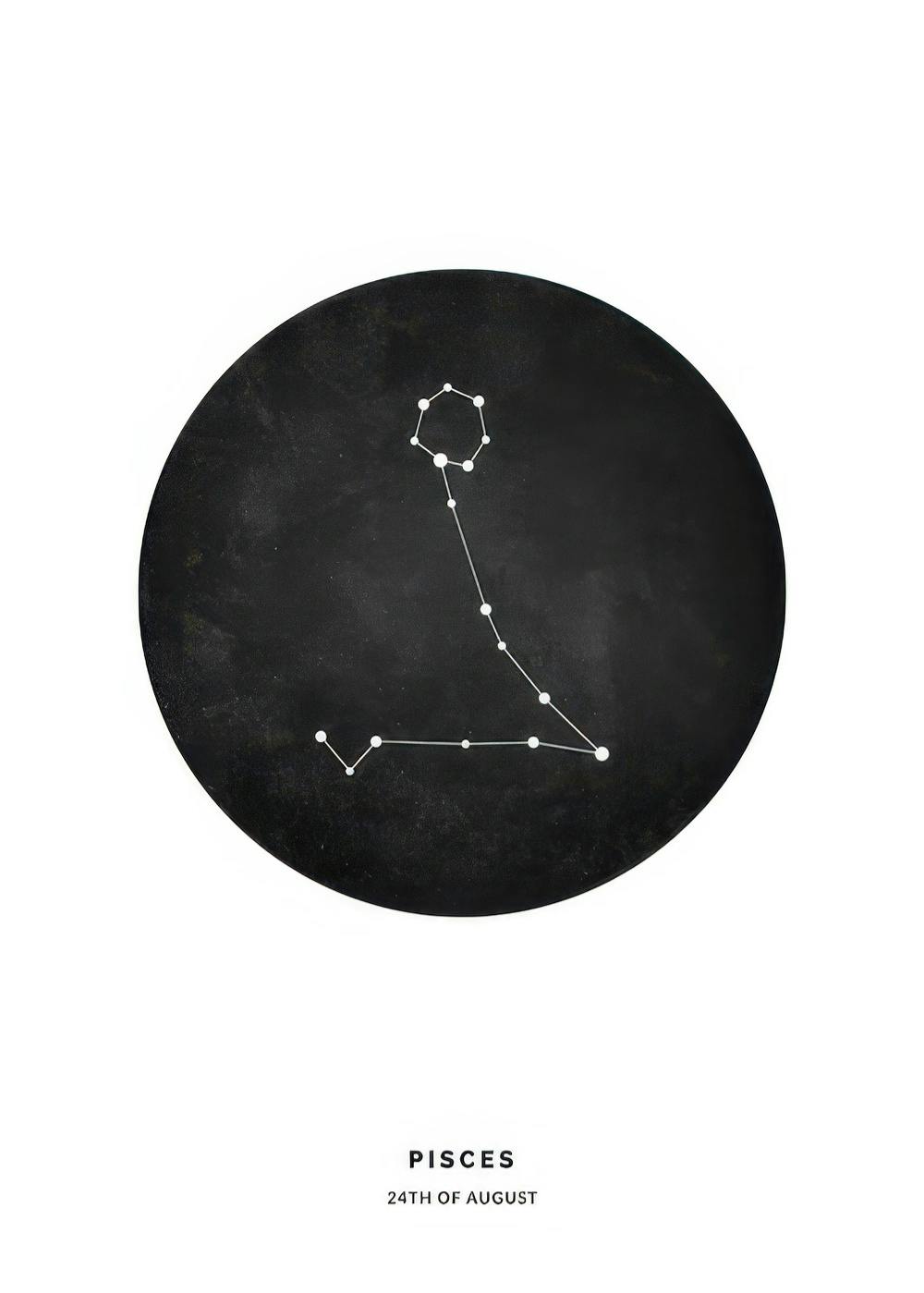 Sternzeichen Fische Konstellation als weiße Punkte auf schwarzem Kreis, darunter PISCES und 24TH OF AUGUST auf weißem Hintergrun