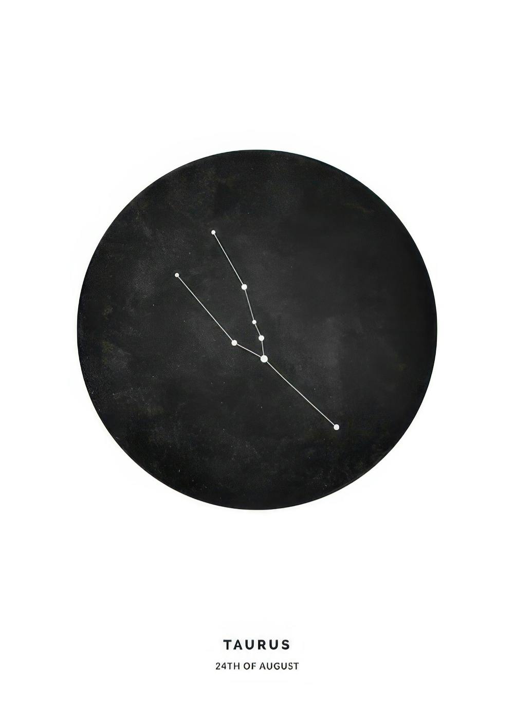 Black and white illustration of the Taurus zodiac constellation within a dark circle, on a white background.