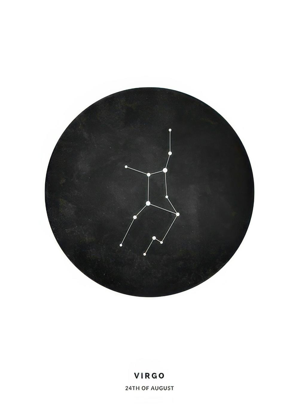 Affiche Vierge personnalisée, constellation astrologique dans un cercle noir sur fond blanc, avec texte typographie
