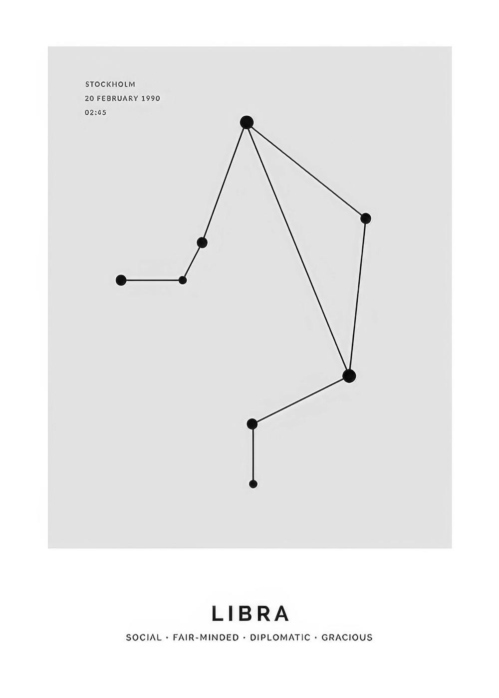 Minimalistische Weegschaal sterrenbeeld illustratie in zwart op een grijze achtergrond met tekst