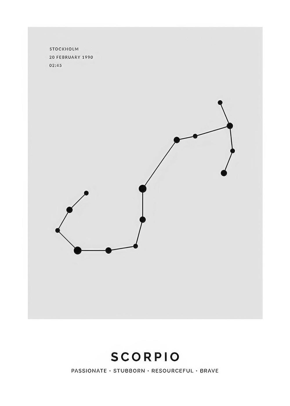 Zwarte Schorpioen sterrenbeeldconstellatie op grijze achtergrond met tekst voor persoonlijke poster