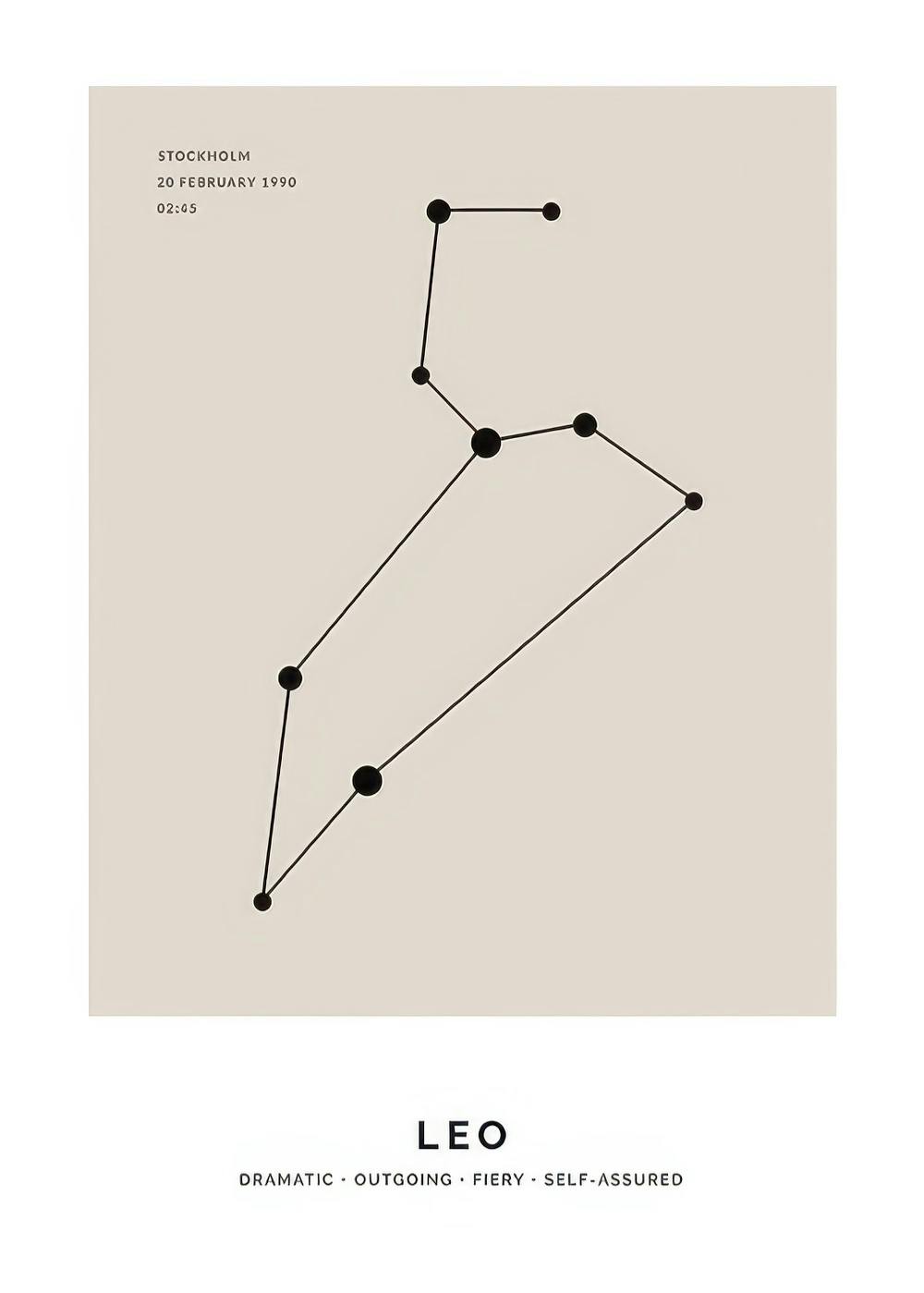 Affiche de la constellation du Lion en noir sur fond beige, avec typographie personnalisée