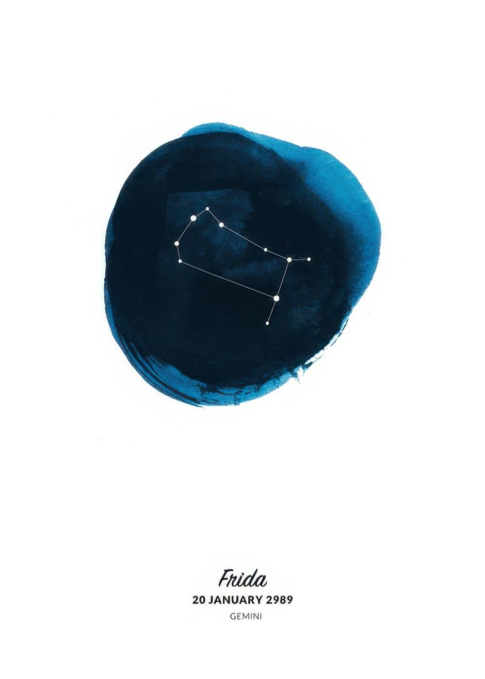 Sternzeichen Zwillinge Illustration in blauer Aquarellfarbe mit weißem Zwillings-Sternbild und personalisiertem Text.