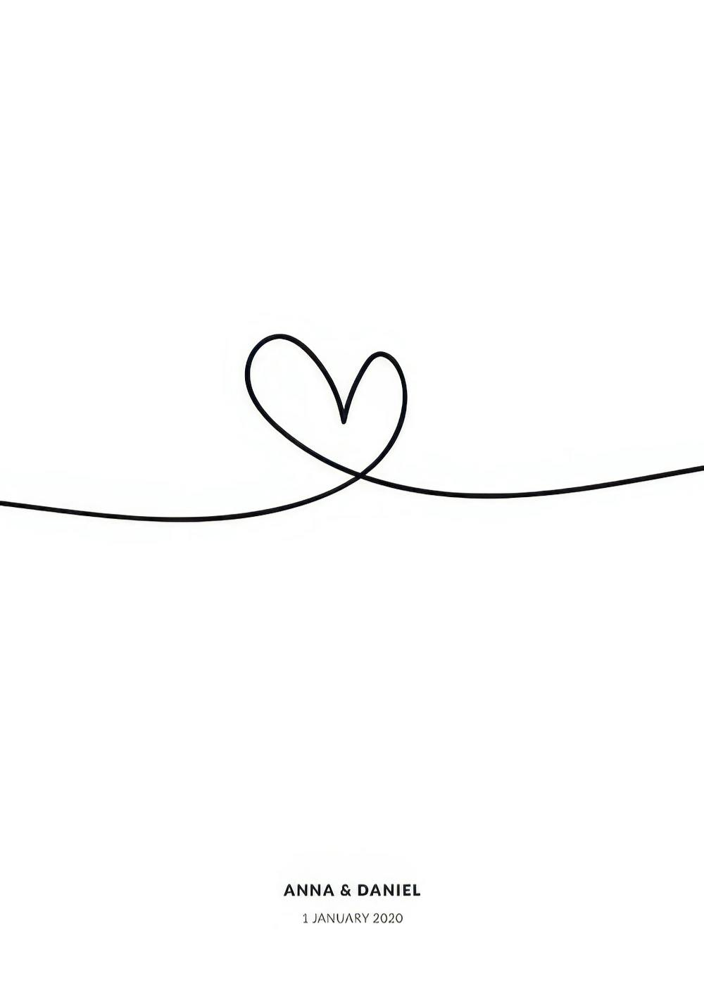 Póster de ilustración minimalista con línea negra formando un corazón, con texto personalizado en la parte inferior sobre fondo