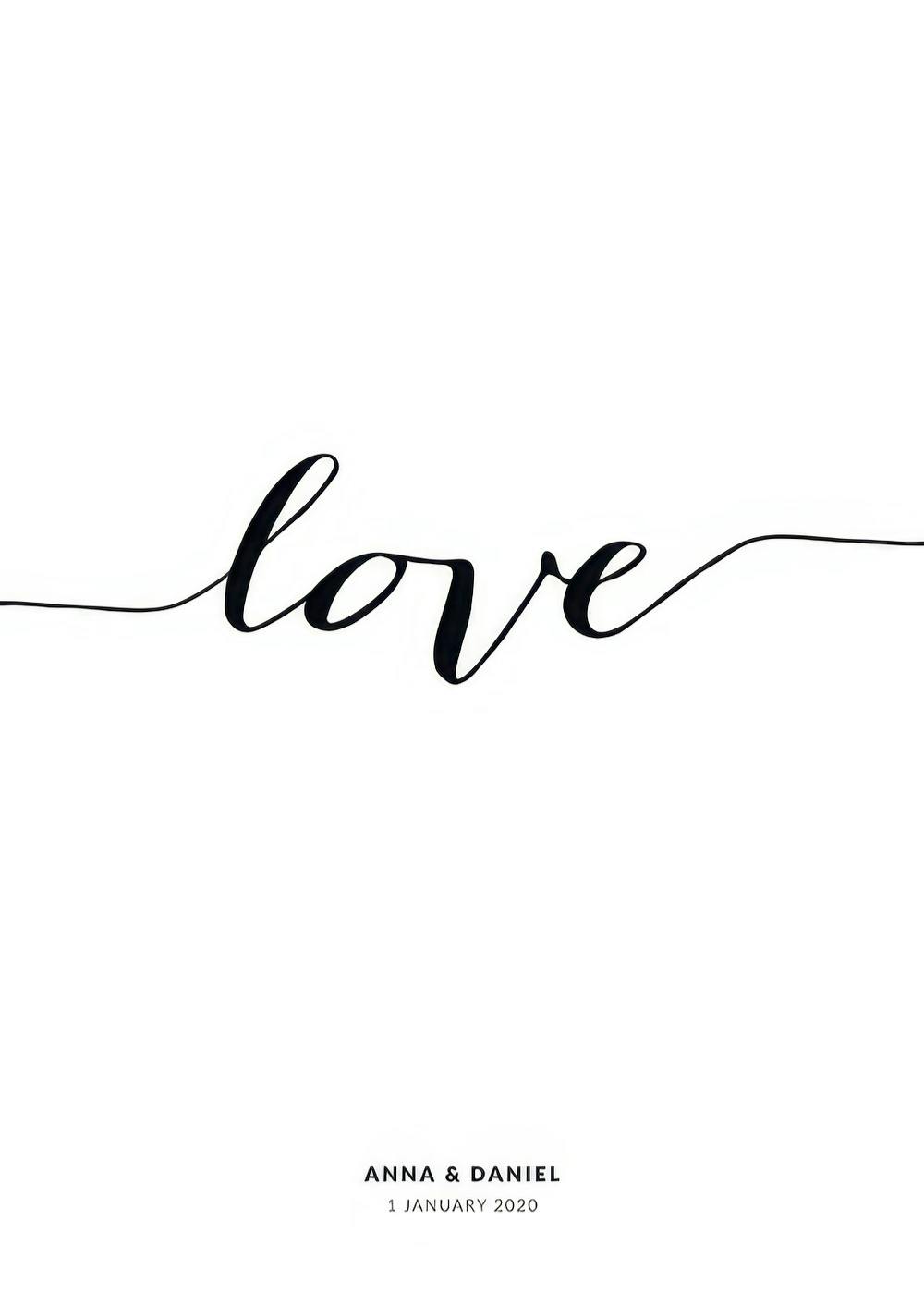 Póster personalizable Love Line, con la palabra love en caligrafía negra y texto personalizado, sobre fondo blanco