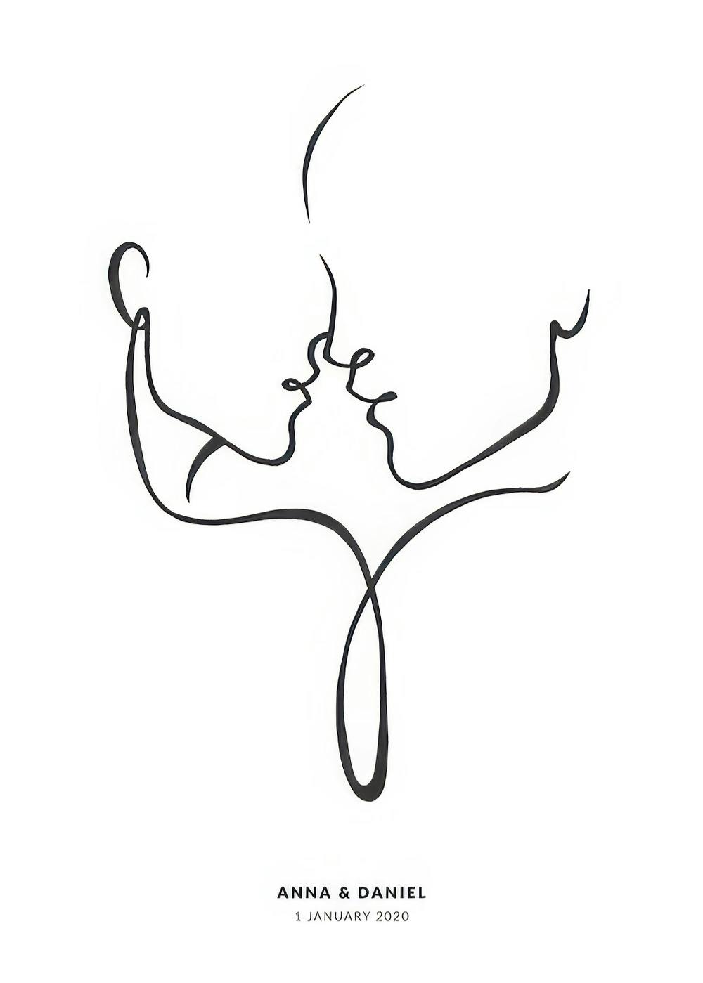 Affiche personnalisée : croquis linéaire de deux visages sur le point de sembrasser avec texte dessous