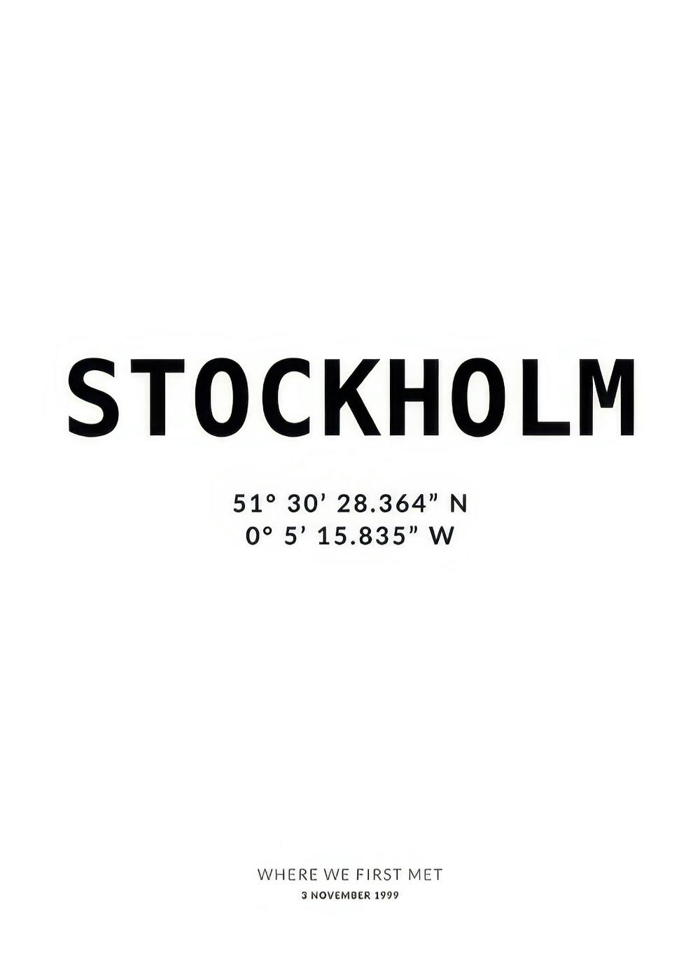 Personalized Stockholm print with coordinates and custom date, black text on white poster.