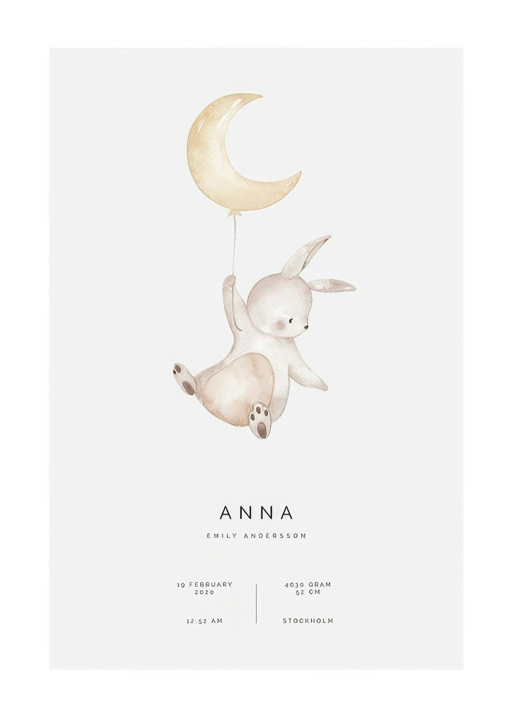 Personalisierbares Babyzimmer-Poster: Süßes Kaninchen fliegt mit mondförmigem Ballon auf grauem Hintergrund.