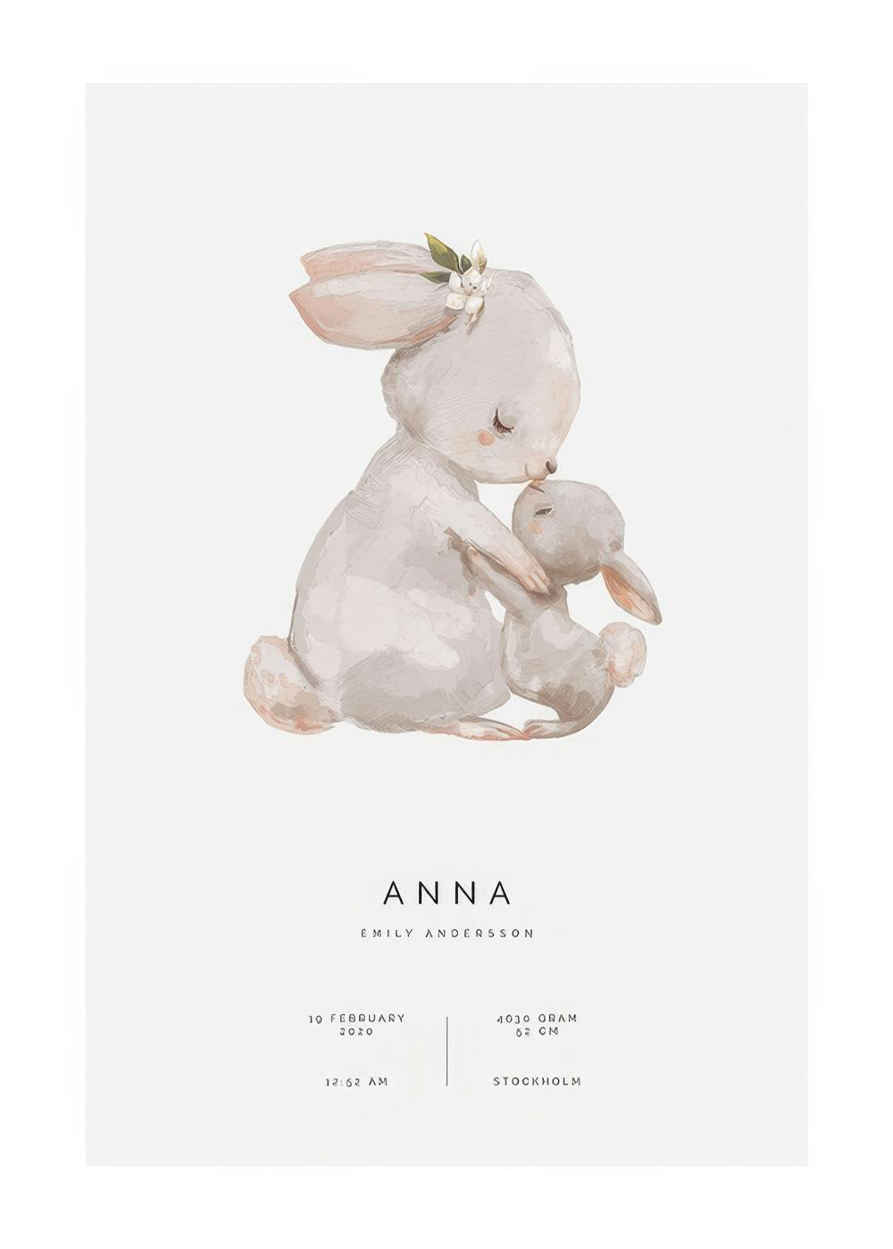 Poster personalizado com coelha mãe abraçando coelhinho bebé em aquarela, fundo cinza com texto personalizável.