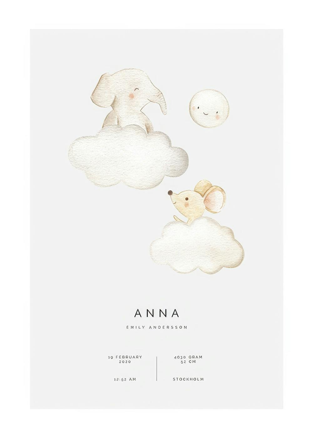 Póster ilustración infantil con un elefante bebé y un ratón bebé sentados en nubes, luna sonriente y texto personalizable.
