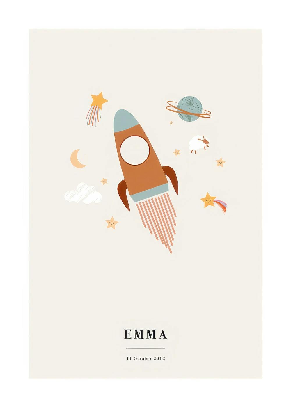 Póster de astronomía con cohete, planetas y estrellas en fondo beis claro, personalizable con texto en la parte inferior.